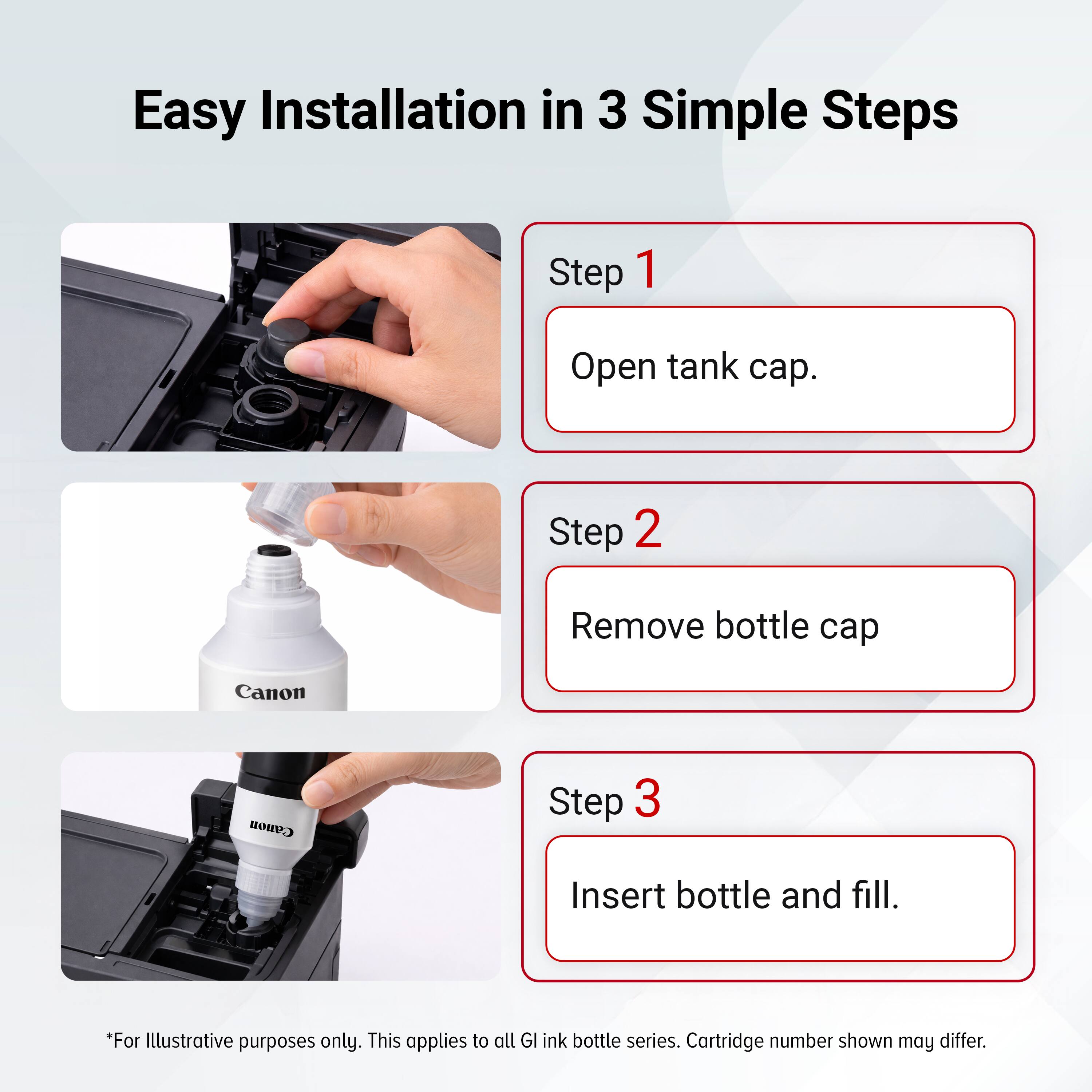 Easy Installation in 3 Simple Steps

Step 1: Open tank cap.

Step 2: Remove bottle cap.

Step 3: Insert bottle and fill.

*For illustrative purposes only. This applies to all GI ink bottle series. Cartridge number shown may differ.