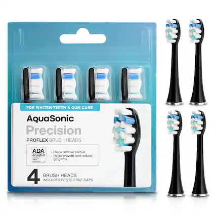 FOR WHITER TEETH & GUM CARE
AquaSonic Precision PROFLEX BRUSH HEADS
ADA Accepted
Helps remove plaque
Helps prevent and reduce gingivitis
4 BRUSH HEADS INCLUDES PROTECTIVE CAPS
