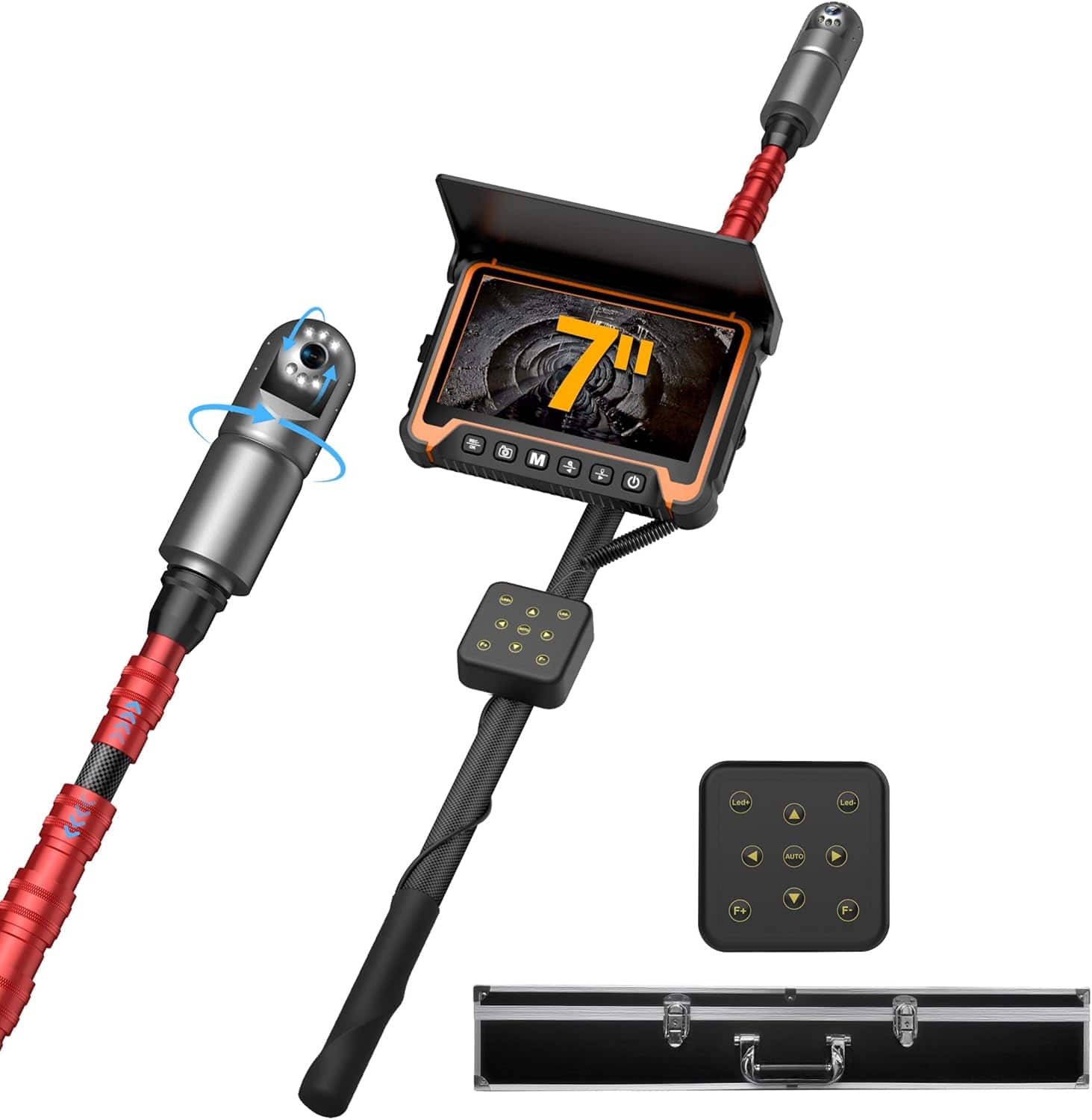 Aukfa - Drain Camera with 360° Rotating Head - 7" HD Borescope, 3M Telescopic Pole, IP68 for Search/Rescue/Car Inspection
