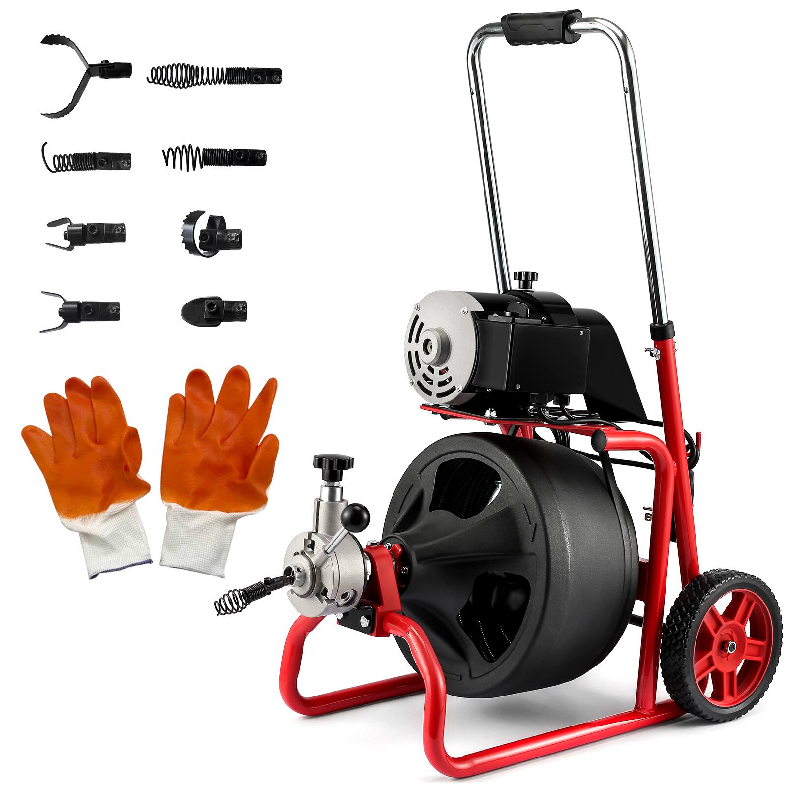 Alt View 8. Winado - 75 FT x 3/8 Inch Drain Cleaner Machine Auger Cleaning Auto Feed with Wheels, 8 Cutters, Gloves, Foot Switch for Drains - Red & Black.