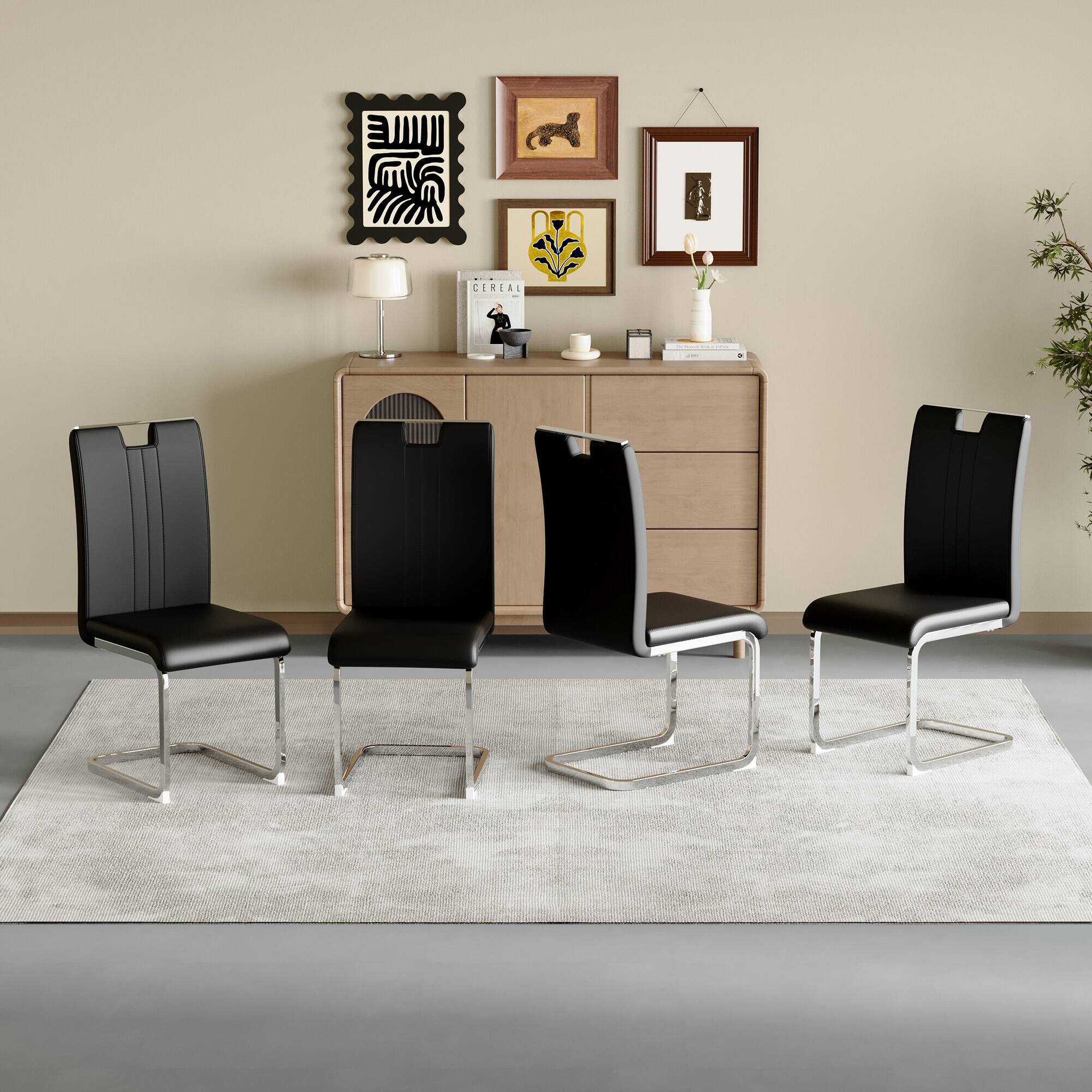 Front. Loheer - Set of 4 Cantilever Dining Chairs 21x16x39 inches Modern Armless Seating - Black.