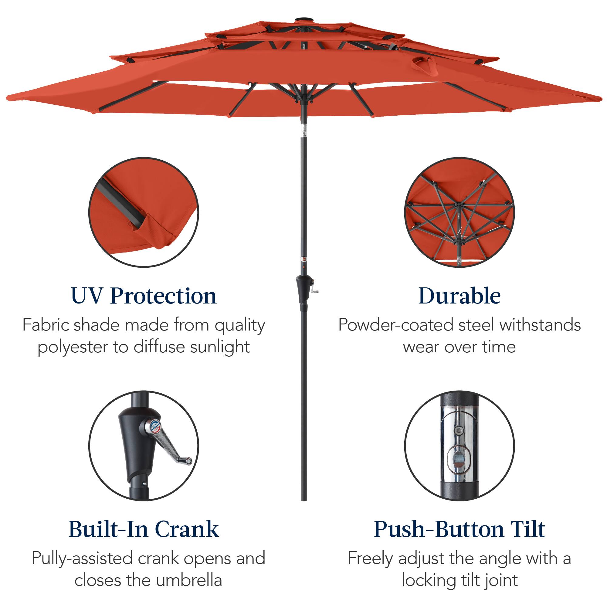 UV Protection Fabric shade made from quality polyester to diffuse sunlight. Durable Powder-coated steel withstands wear over time. Built-In Crank: Pulley-assisted crank opens and closes the umbrella. Push-Button Tilt: Freely adjust the angle with a locking tilt joint.