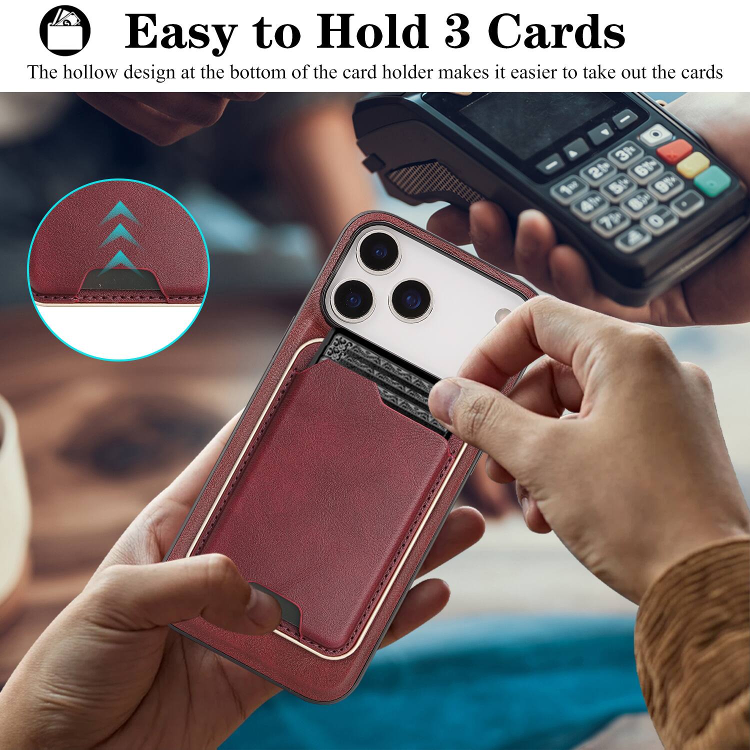Easy to Hold 3 Cards

The hollow design at the bottom of the card holder makes it easier to take out the cards