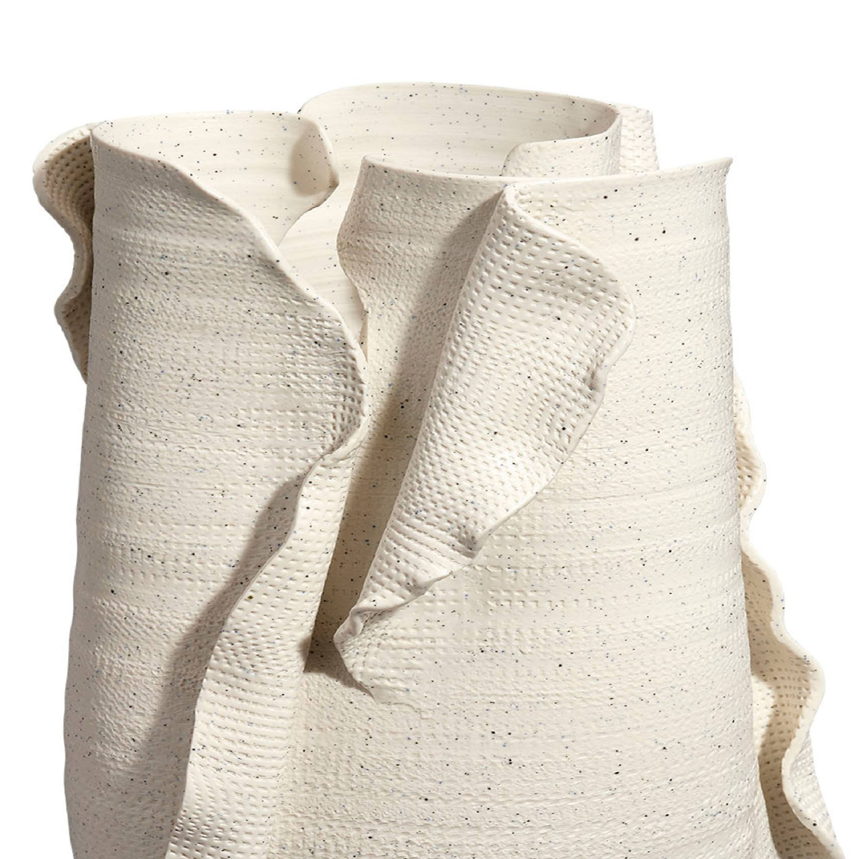 Left. Manhattan Lane - Tio Modern Vase Vessel, Flowing Petal Folds,  Porcelain 19 Inch - White.