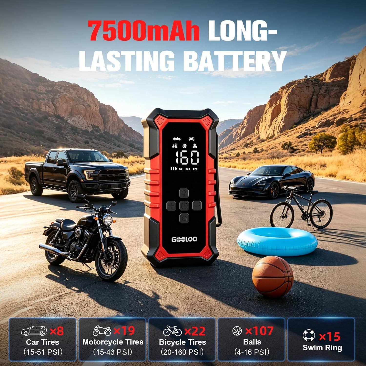 7500mAh LONG-LASTING BATTERY

160 BAR

GOOLOO x8 Car Tires (15-51 PSI)  
x19 Motorcycle Tires (15-43 PSI)  
x22 Bicycle Tires (20-160 PSI)  
x107 Balls (4-16 PSI)  
x15 Swim Ring