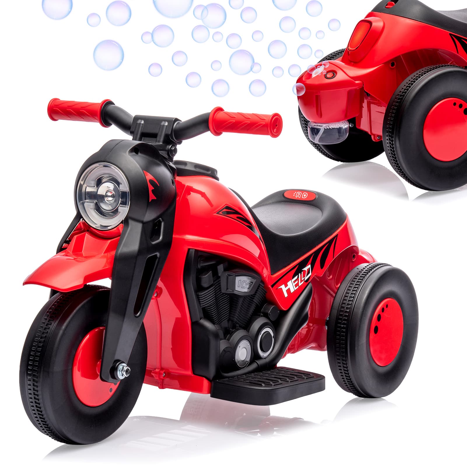 Jojoka - 6V Bubble Motorcycle Ride On Toy for Kids with Music, LED Lights, Rechargeable Battery, Safety Features - Red