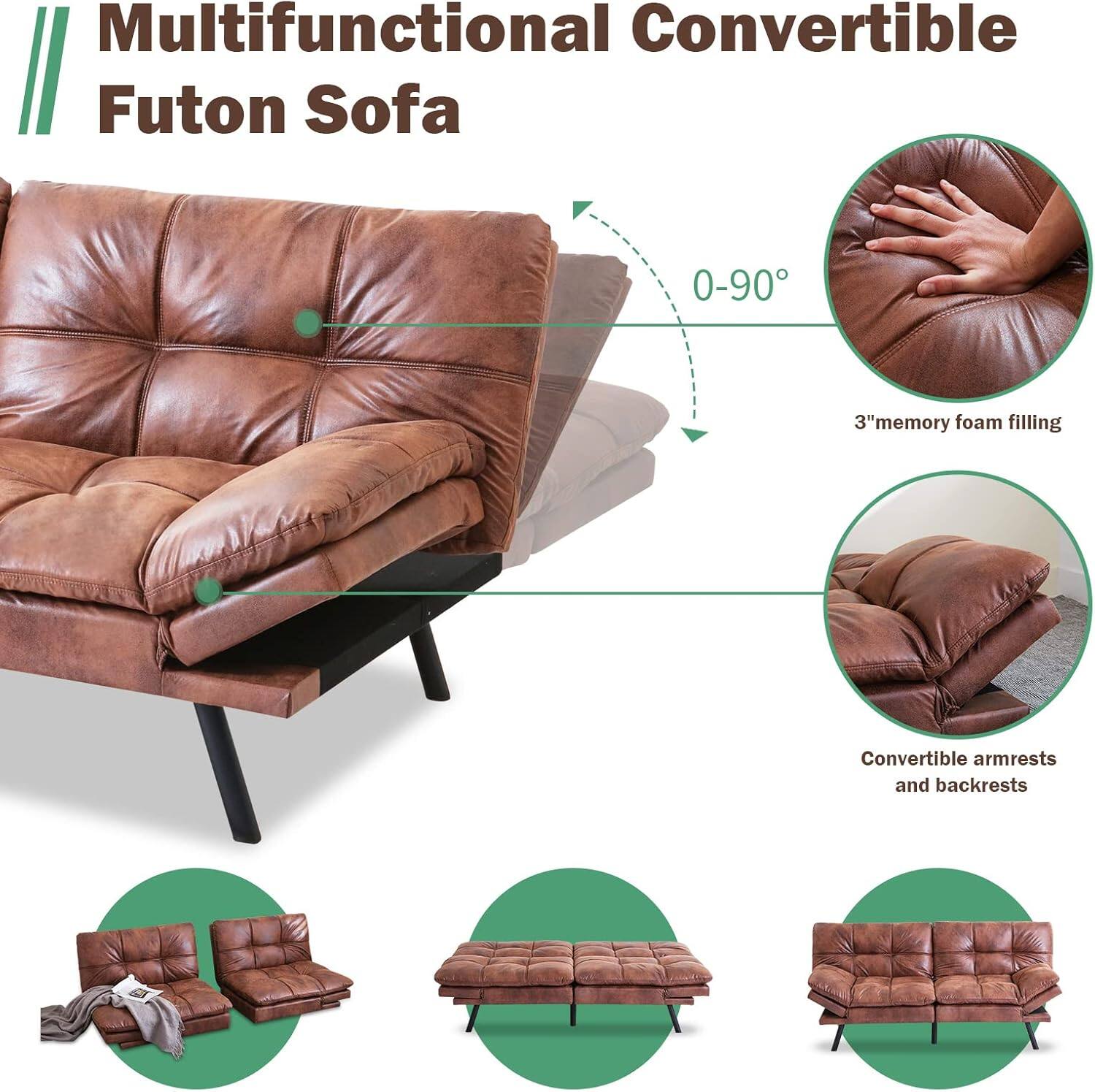 Multifunctional Convertible Futon Sofa

- 0-90°
- 3" memory foam filling
- Convertible armrests and backrests