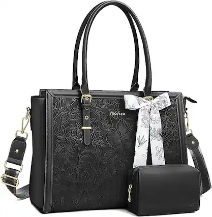 Front. mosiso - Laptop Bag for Women 15-15.6 inch PU Leather Tote Bag Work Briefcase Computer Bags - Black.