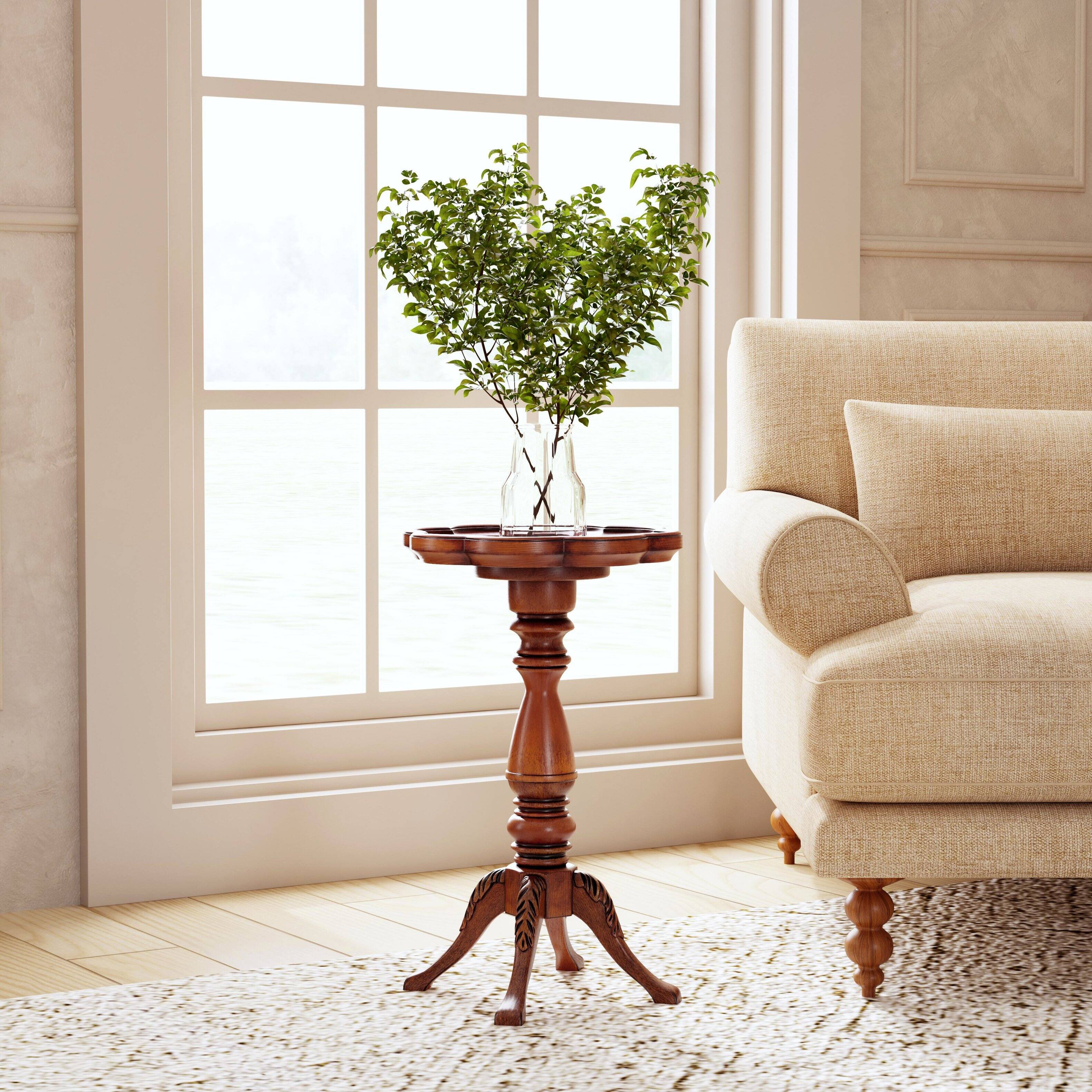 Alt View 5. Butler Specialty - Whitman 12 in. W Round Wood 4 Leg Pedestal Base Scalloped Edge Side Table - Medium Brown.