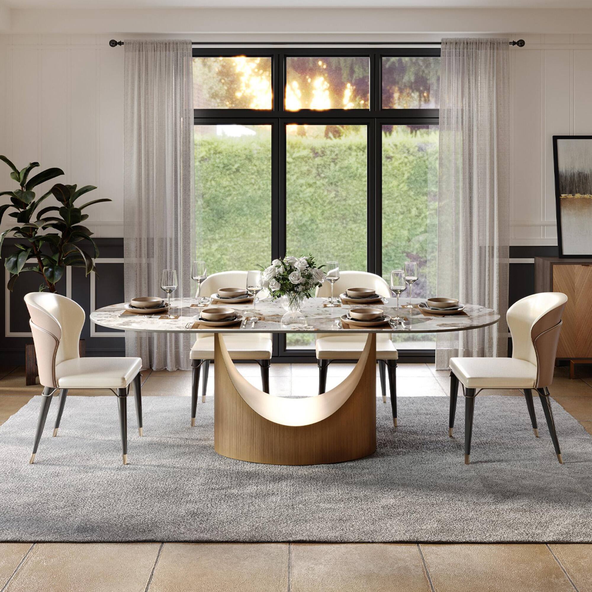 Angle. POVISON - 71"Hobart Modern Oval Dining Table for 6, Pandora Oval Glossy Sintered Stone Kitchen Table, Bronze Carbon Steel Base - Pandora.
