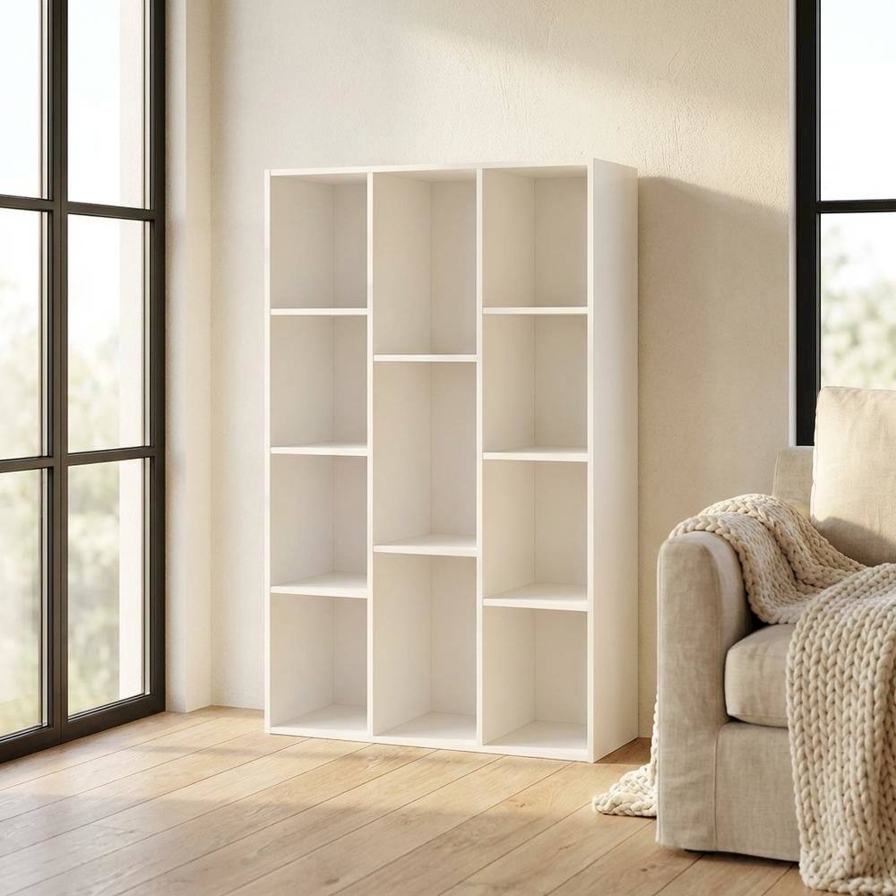 Left. FurniFact - White 11-Cube Reversible Open Shelf Bookcase, Wooden Finish for Flexible Storage - White.