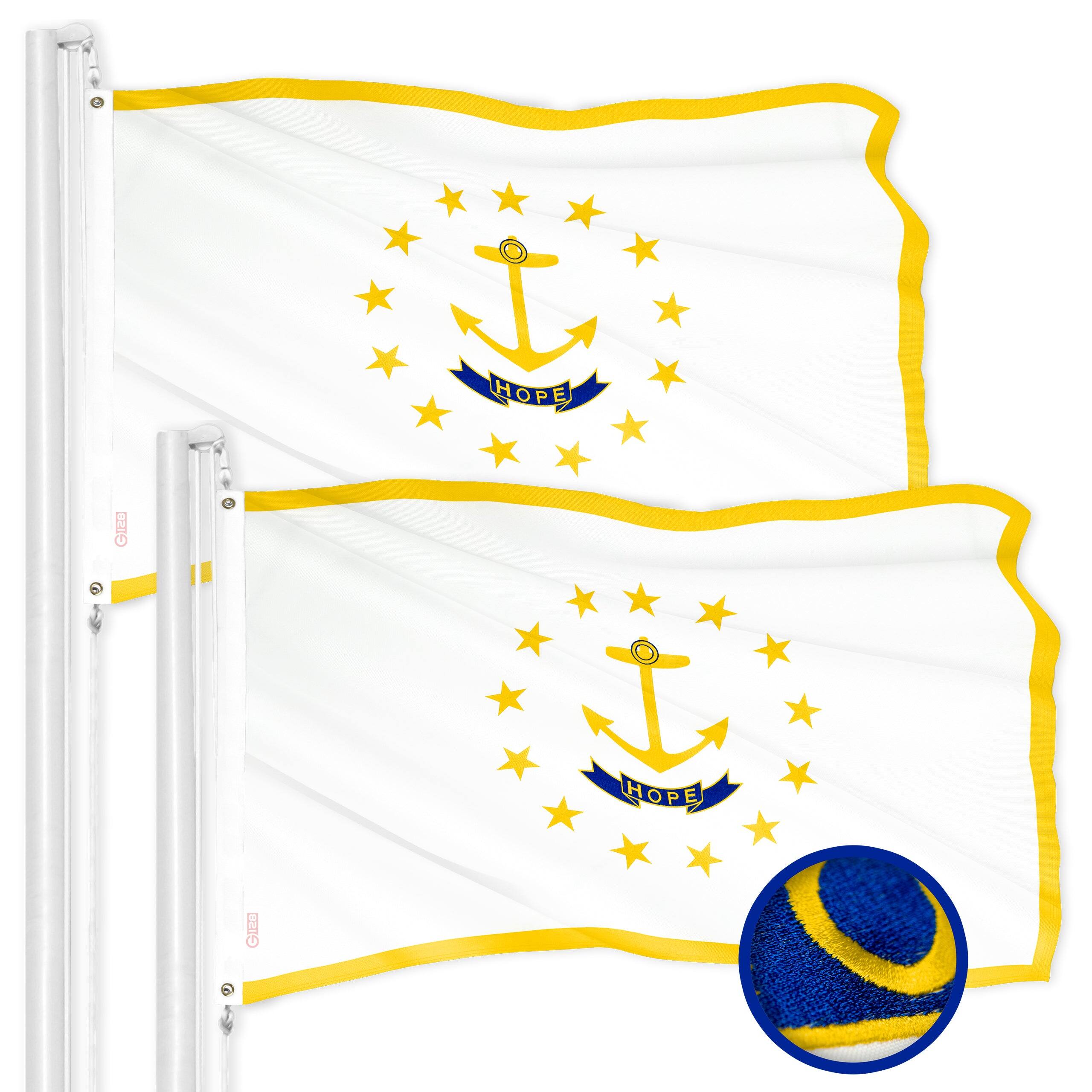 G128 - 2 Pack Rhode Island State Flag, 2 x 3 ft Embroidered 300D Polyester with Brass Grommets - Assorted Colors