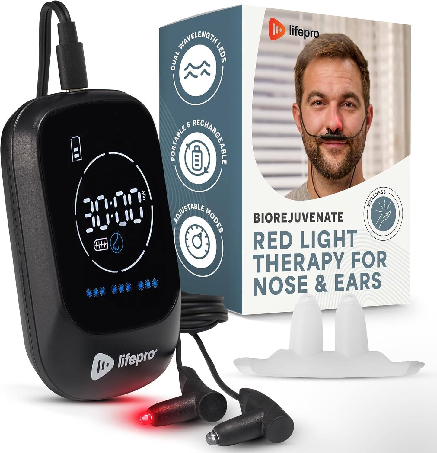 Min lifepro WAVELENGTH DUAL LEDS & PORTABLE RECHARGEABLE ADJUSTABLE WELLNESS MODES BIOREJUVENATE RED LIGHT THERAPY FOR NOSE & EARS