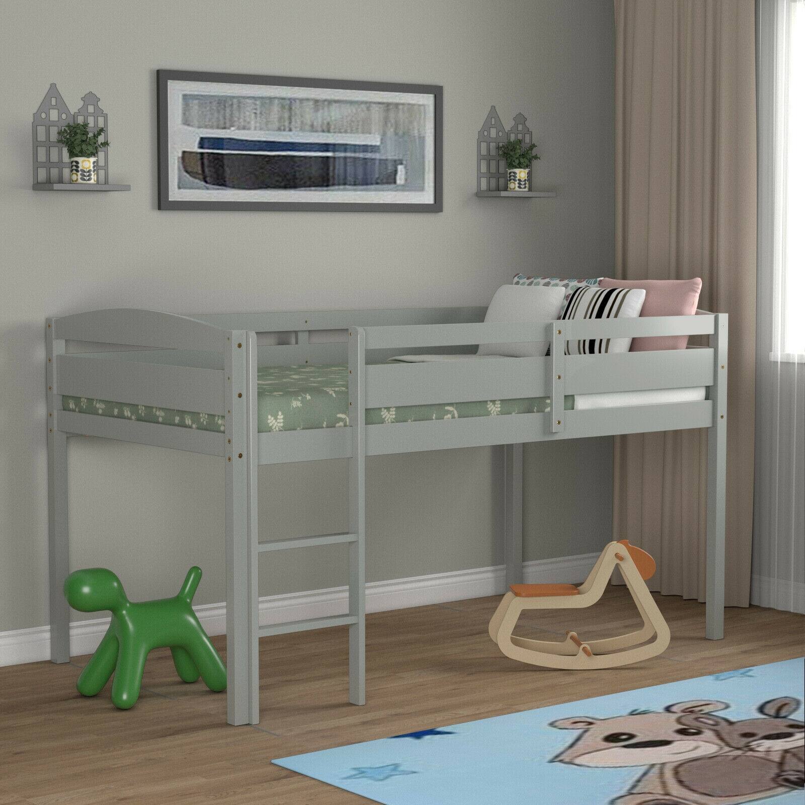 Alt View 1. Ecooso - Wooden Twin Low Loft Bunk Bed Frame with Guardrail and Ladder for Kids - Gray.