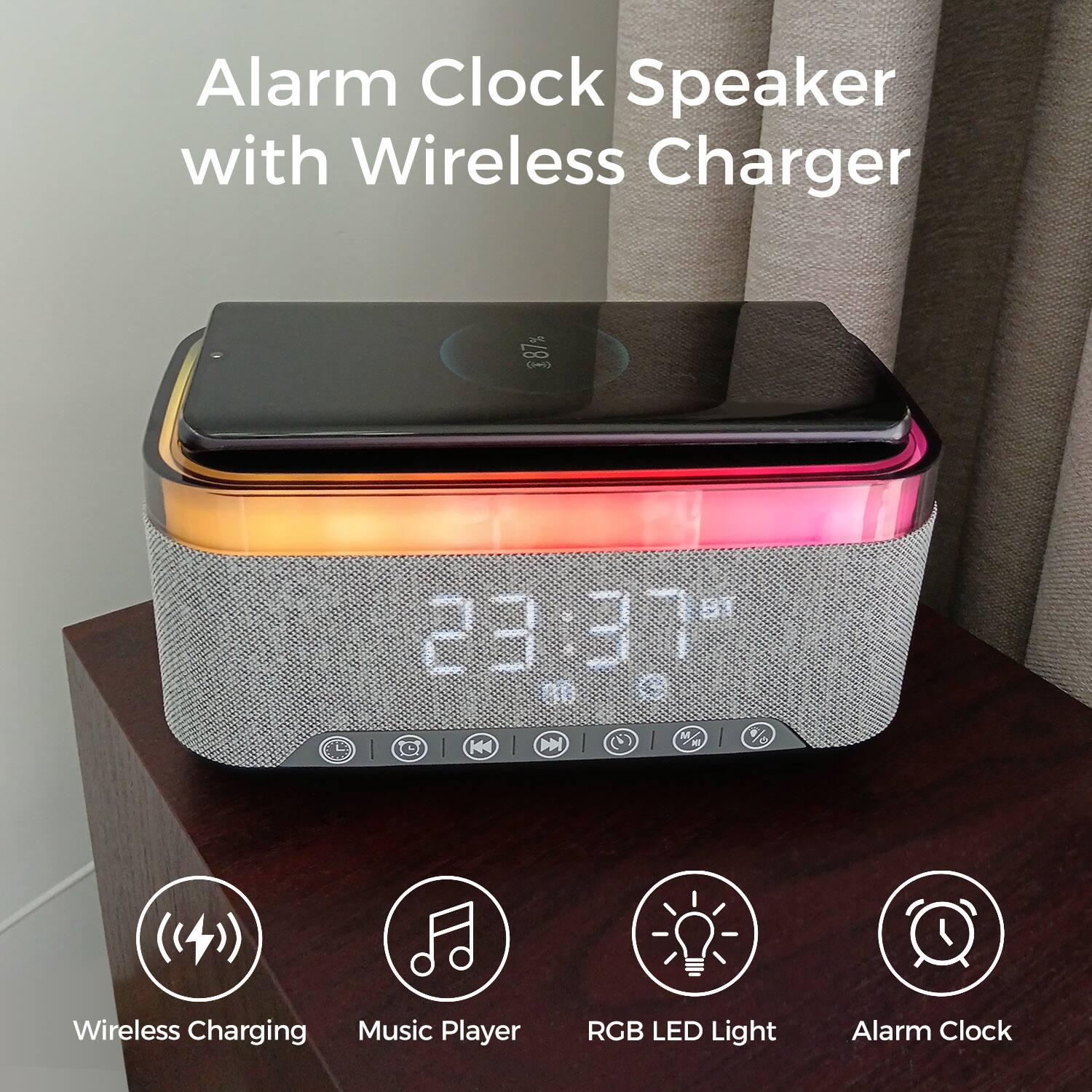 Alarm Clock Speaker with Wireless Charger

- Wireless Charging
- Music Player
- RGB LED Light
- Alarm Clock