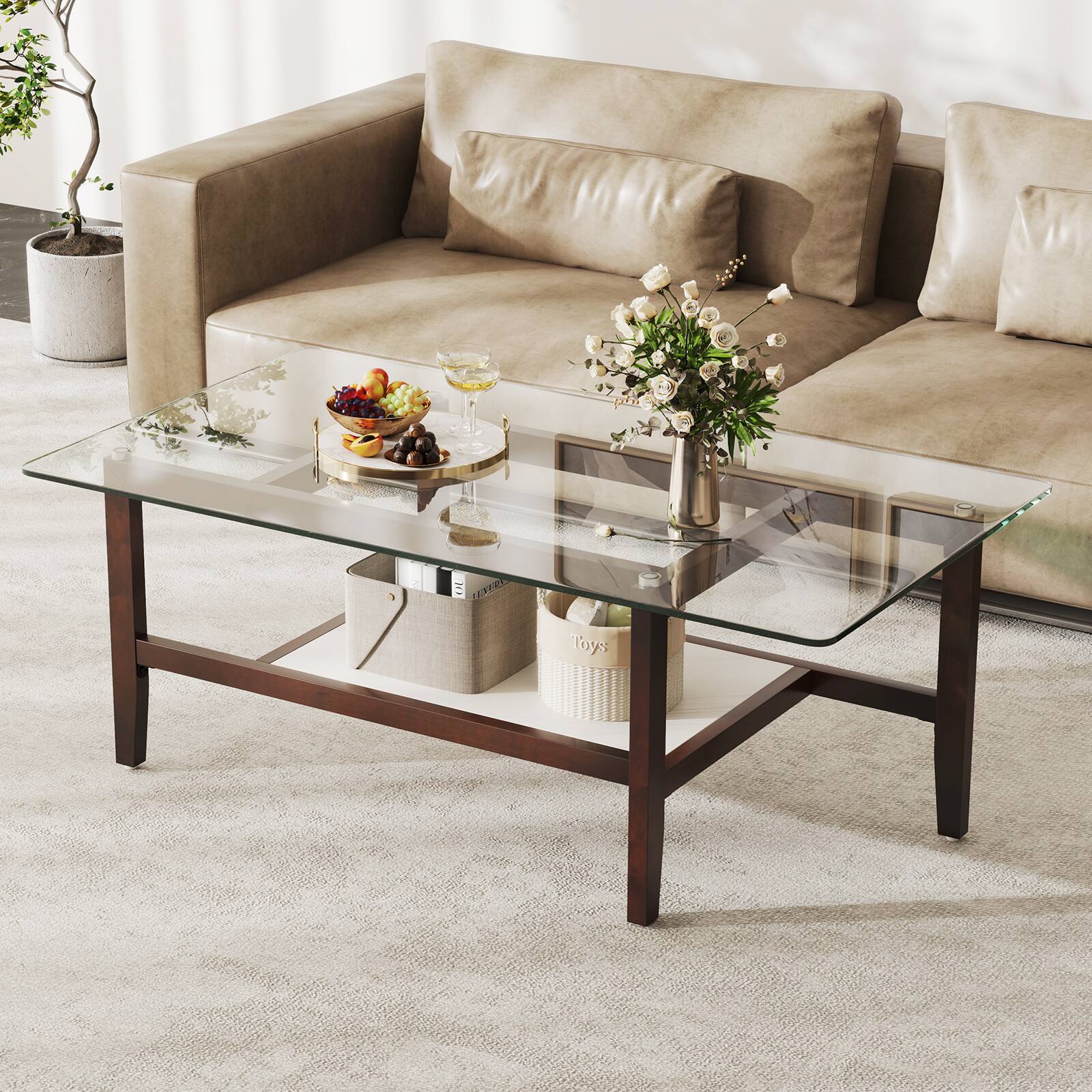 Alt View 1. Gymax - Gymax 2-Tier Glass Coffee Table w/ Storage Shelf Solid Rubber Wood Legs for Office - Transparent, Brown.