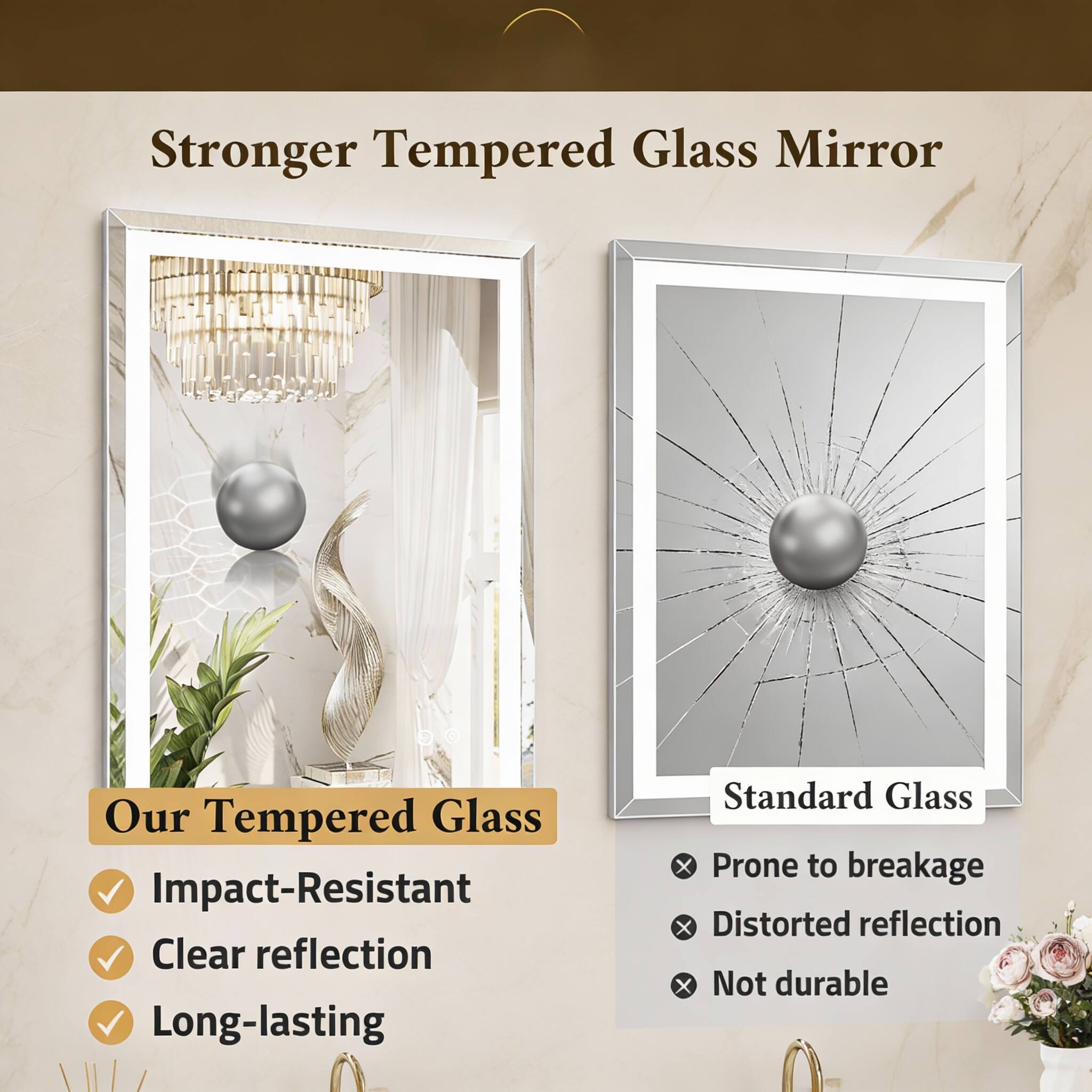 Stronger Tempered Glass Mirror

Our Tempered Glass
- Impact-Resistant
- Clear reflection
- Long-lasting

Standard Glass
- Prone to breakage
- Distorted reflection
- Not durable