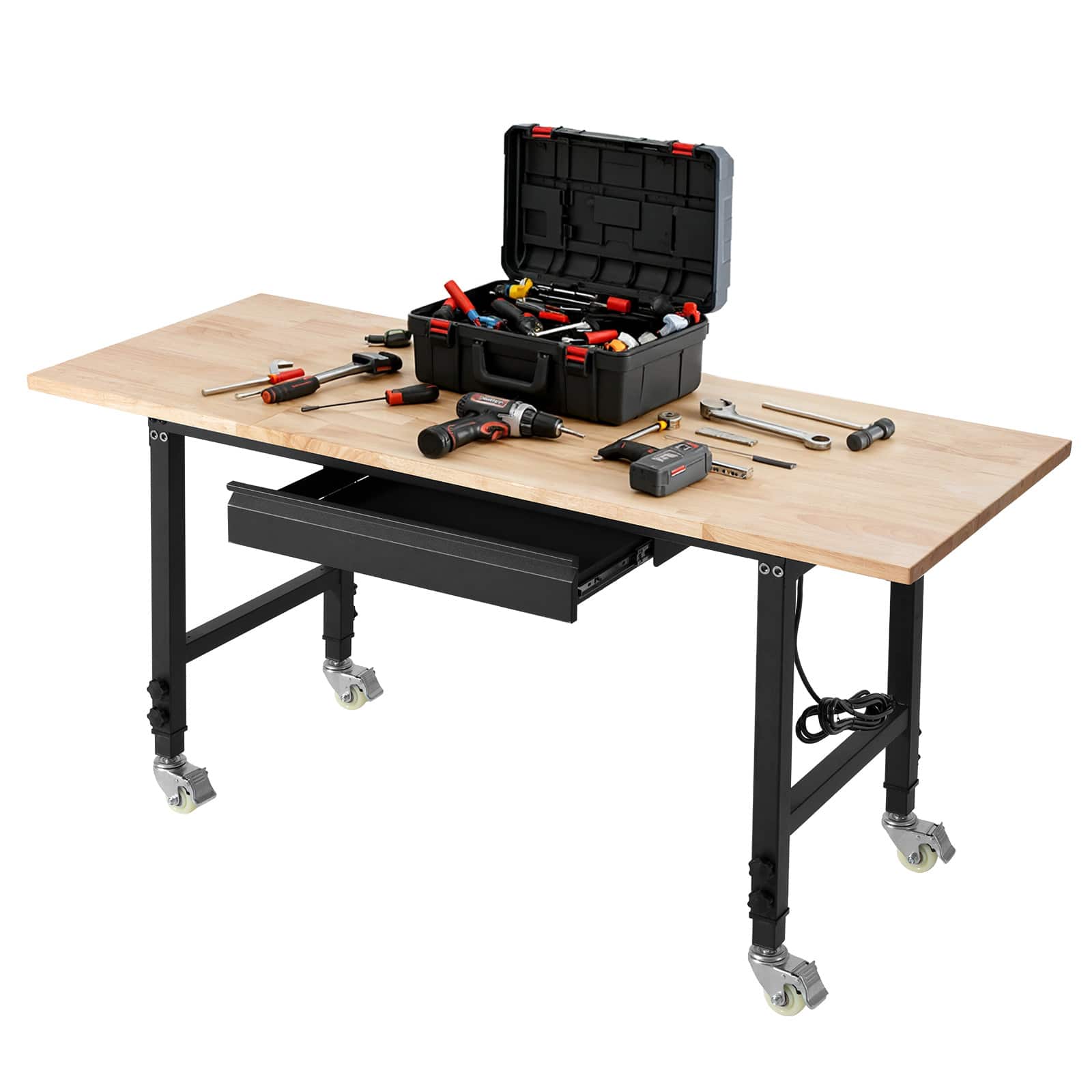 VEVOR - Adjustable Workbench on Wheels, 2000 lbs Capacity, 60 x 24 Inch Oak Wood Top Workbench with Drawer & Power Outlets - Wood + Black