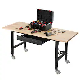 VEVOR - Adjustable Workbench on Wheels, 2000 lbs Capacity, 60 x 24 Inch Oak Wood Top Workbench with Drawer & Power Outlets - Wood + Black