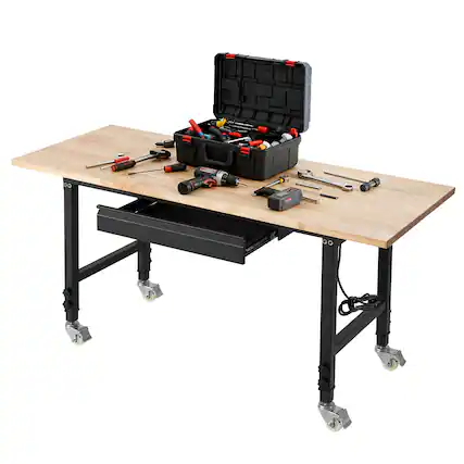 Front. VEVOR - Adjustable Workbench on Wheels, 2000 lbs Capacity, 60 x 24 Inch Oak Wood Top Workbench with Drawer & Power Outlets - Wood + Black.