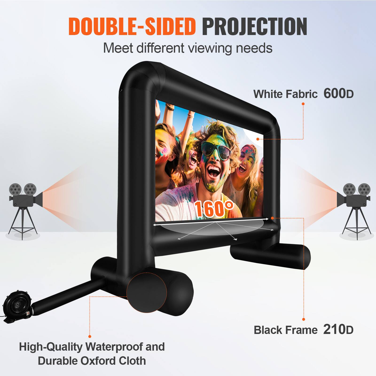 DOUBLE-SIDED PROJECTION, Meet different viewing needs, White Fabric 600D, 160, High-Quality Waterproof and Durable Oxford Cloth, Black Frame 210D