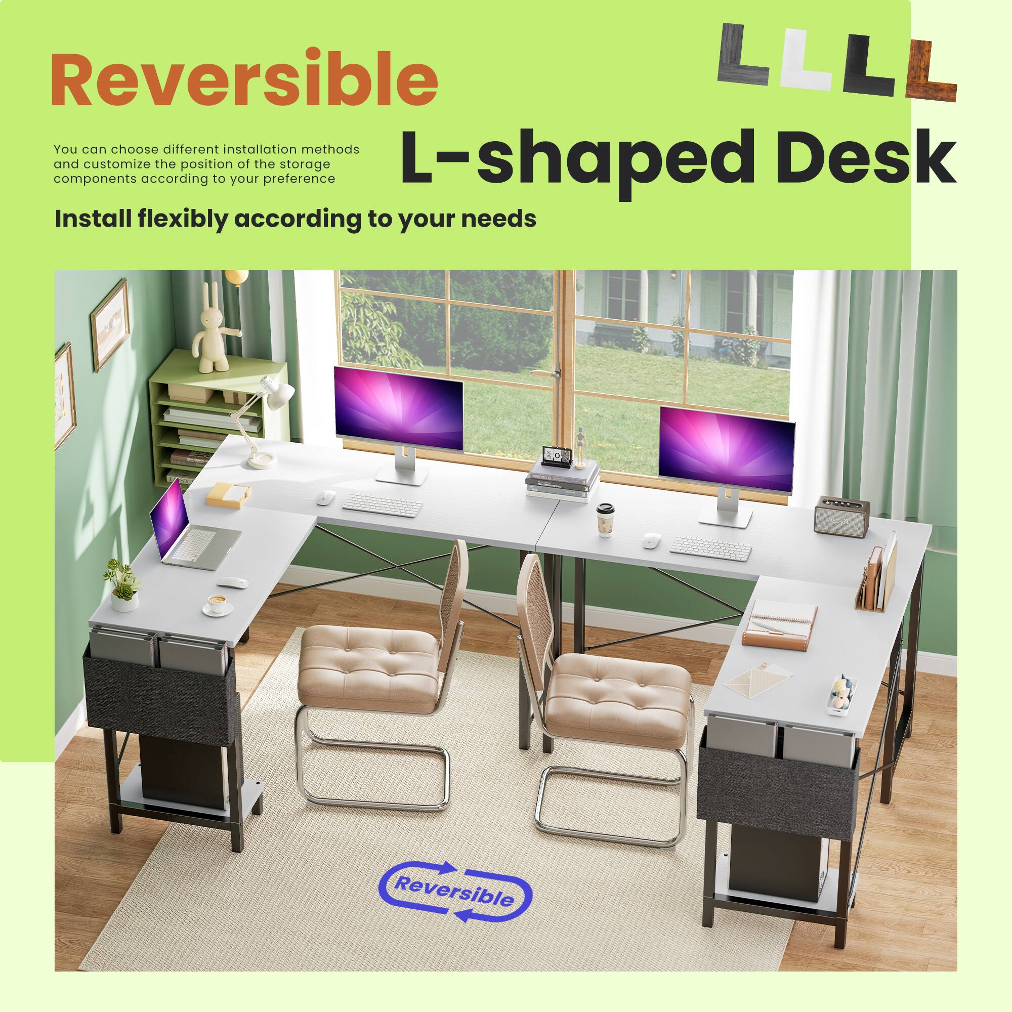 Reversible L-shaped Desk

You can choose different installation methods and customize the position of the storage components according to your preference.

Install flexibly according to your needs.