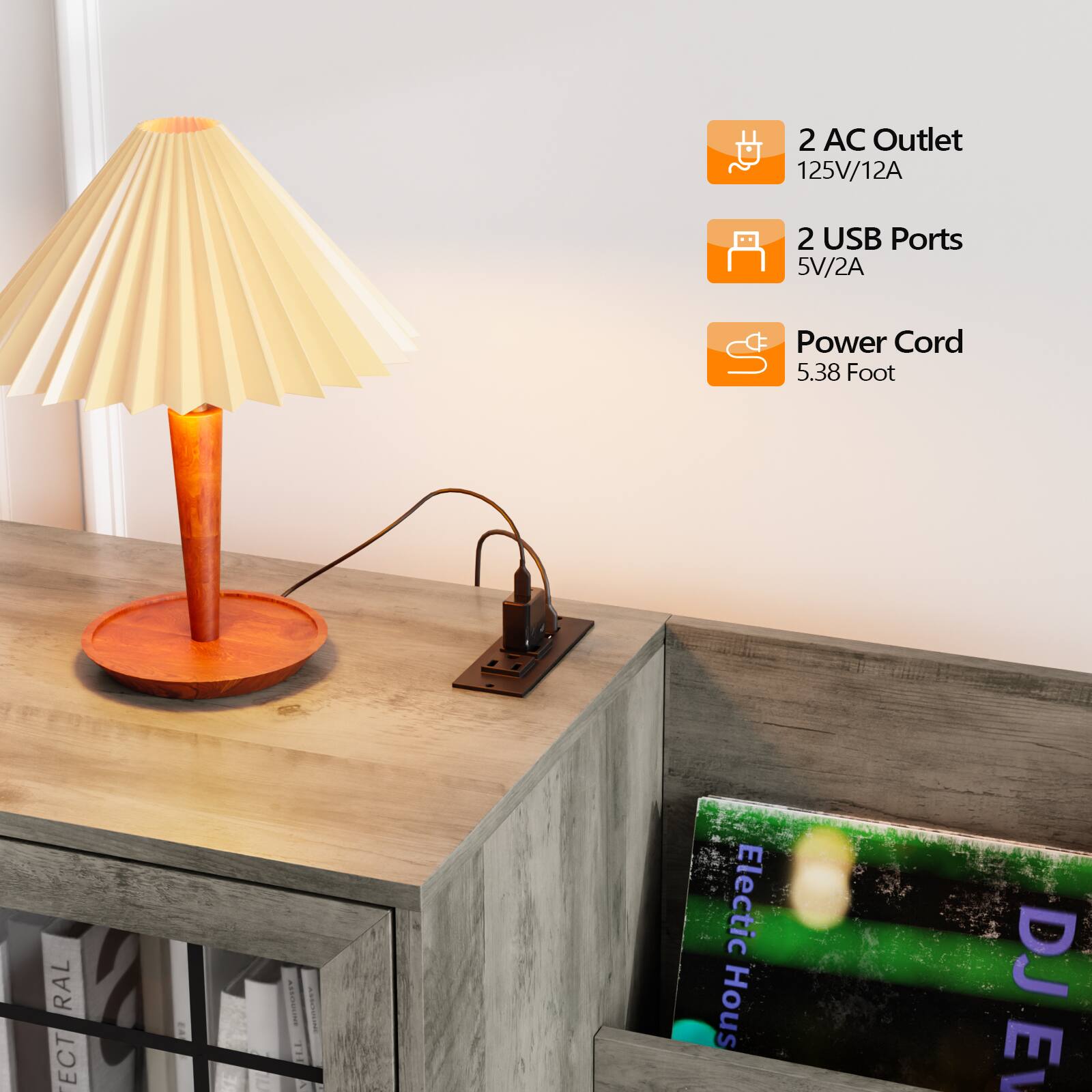 2 AC Outlet 125V/12A  
2 USB Ports 5V/2A  
Power Cord 5.38 Foot  

by E I I TH Electric House DJ E