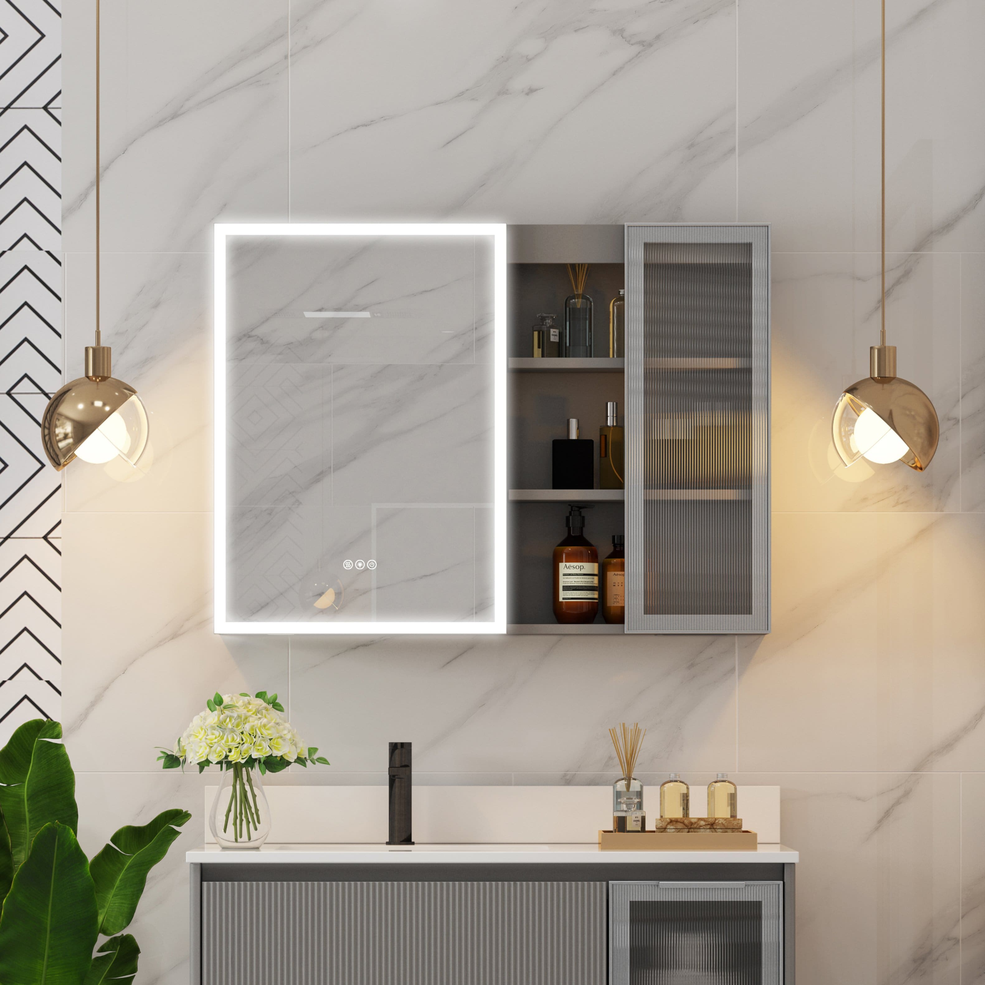 WELLFOR - 36 in. W x 28 in. H Rectangular Dimmable Anti-fog LED Wood Surface Mount Medicine Cabinet with Mirror - Gray price history on PriceWatchPro