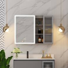 Front. WELLFOR - 36 in. W x 28 in. H Rectangular Dimmable Anti-fog LED Wood Surface Mount Medicine Cabinet with Mirror - Gray.