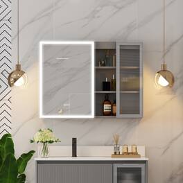 WELLFOR - 36 in. W x 28 in. H Rectangular Dimmable Anti-fog LED Wood Surface Mount Medicine Cabinet with Mirror - Gray