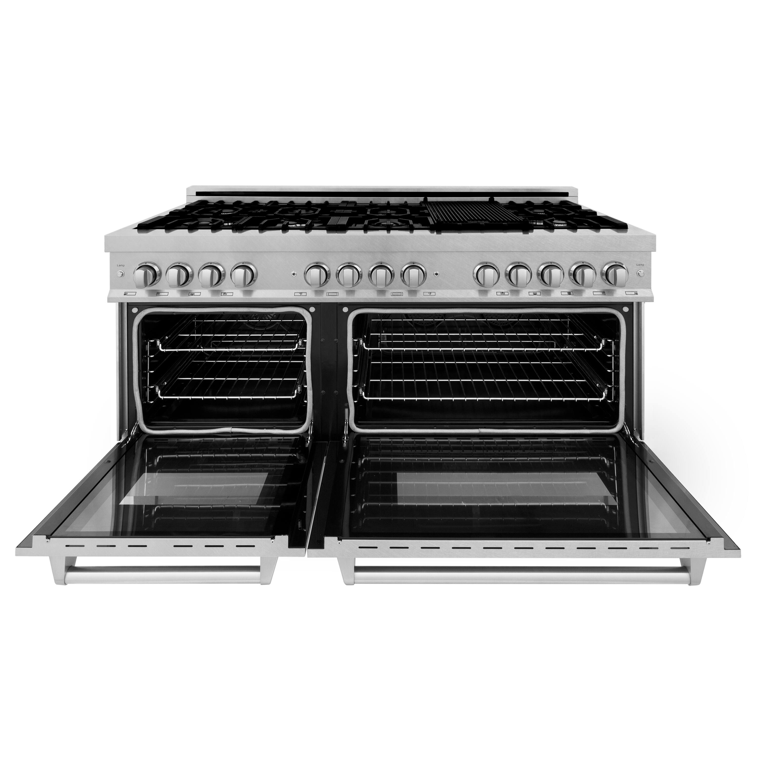 Left. ZLINE - ZLINE 60 in. Legacy Dual Fuel Range with 9 Burners and 2 Ovens (RAS-SN-60) - Satin Stainless Steel.