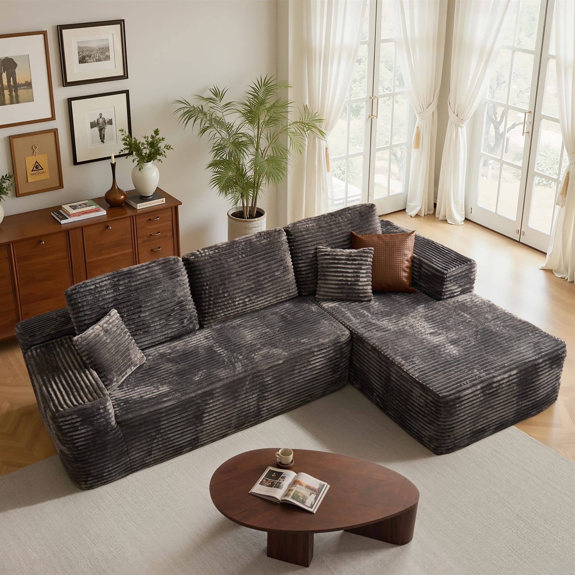 Ovios - 104" Modular Sectional Sofa with Chaise, Modern L Shaped Couch for Living Room - Grey(Plush Corduroy, Right Facing)