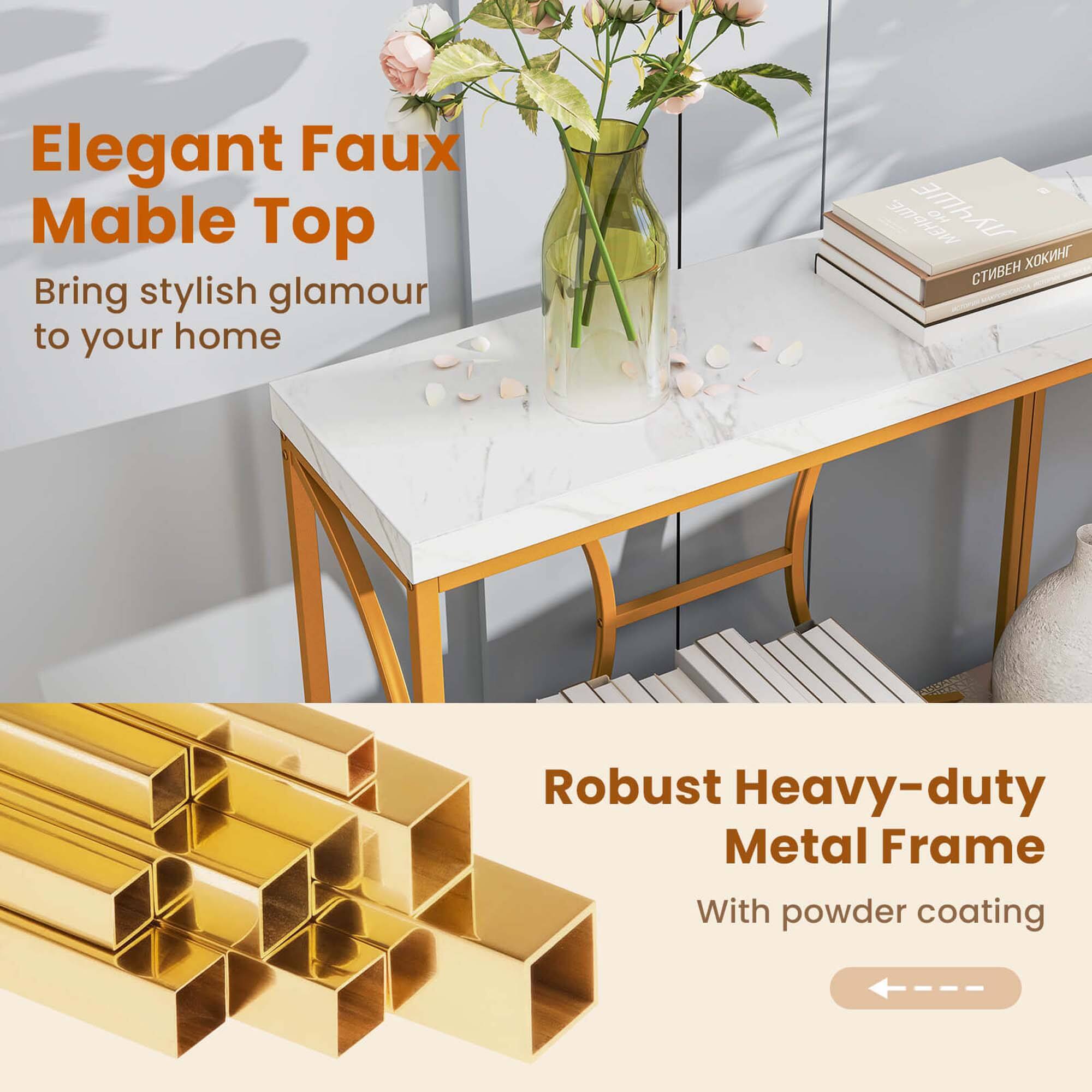 Elegant Faux Mable Top: Bring stylish glamour to your home.
Robust Heavy-duty Metal Frame: With powder coating.