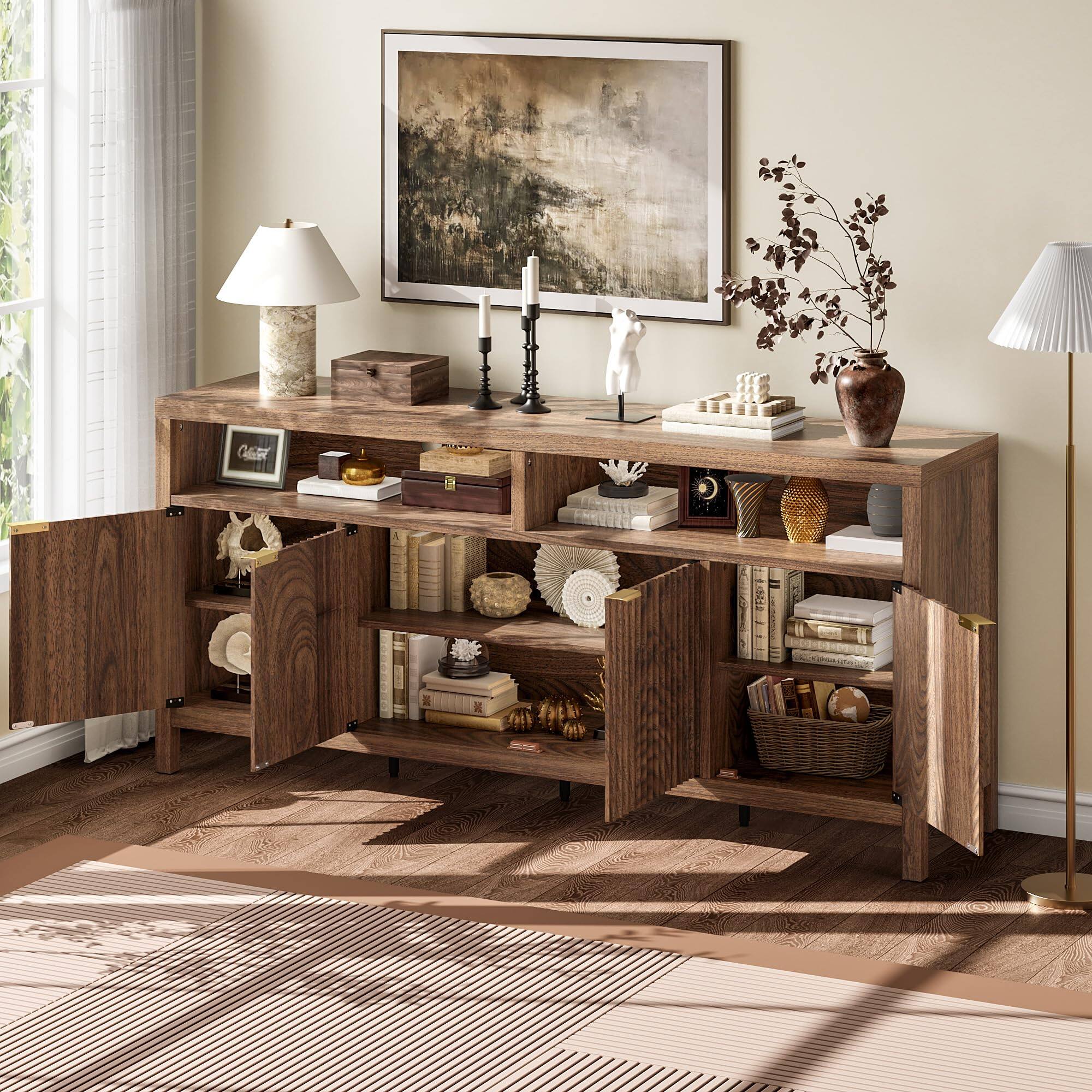 Alt View 1. Babevy - 65.8" Fluted Sideboard Buffet Cabinet with 4 Adjustable Shelves, Modern Storage for Dining Room - Walnut.