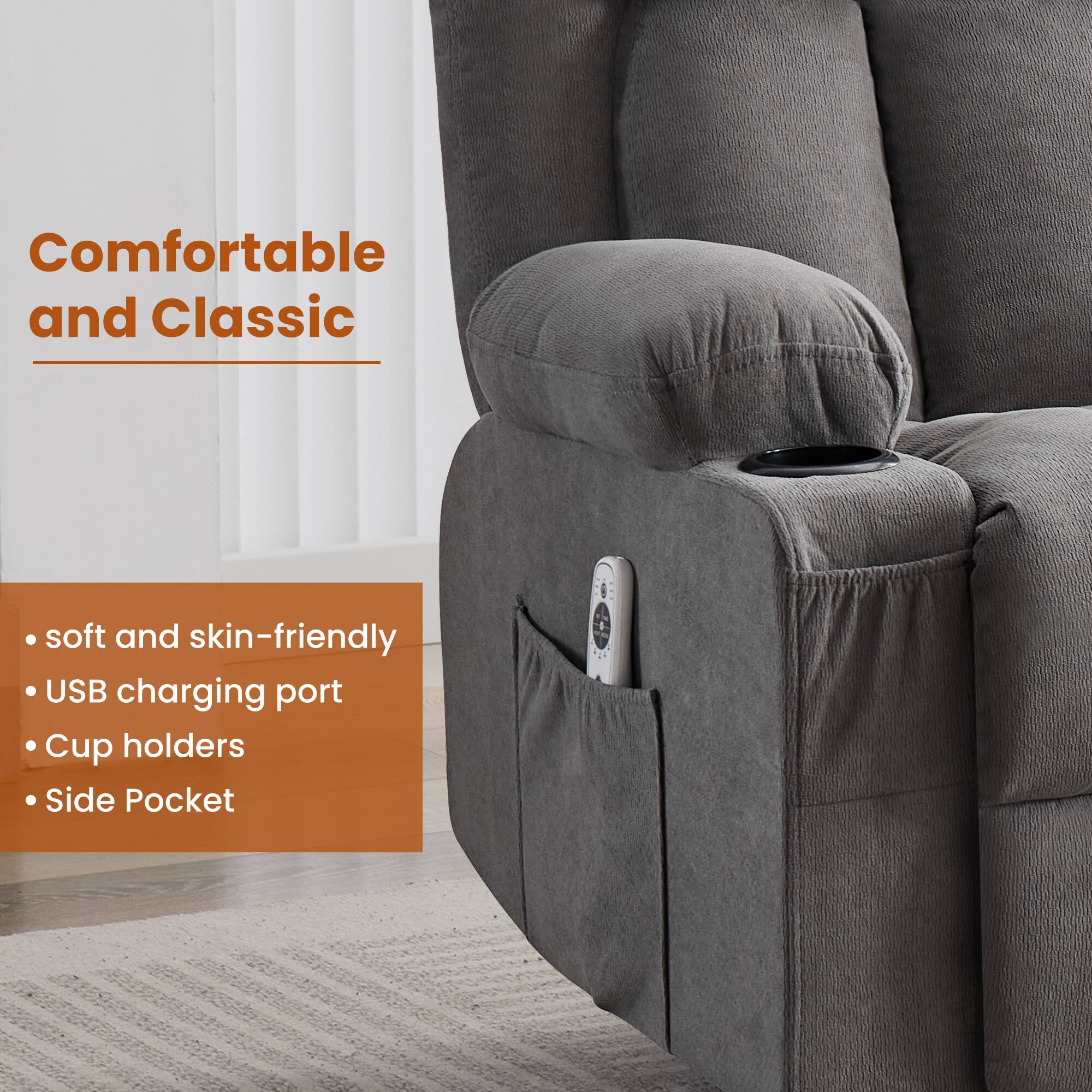 Comfortable and Classic

- soft and skin-friendly
- USB charging port
- Cup holders
- Side Pocket