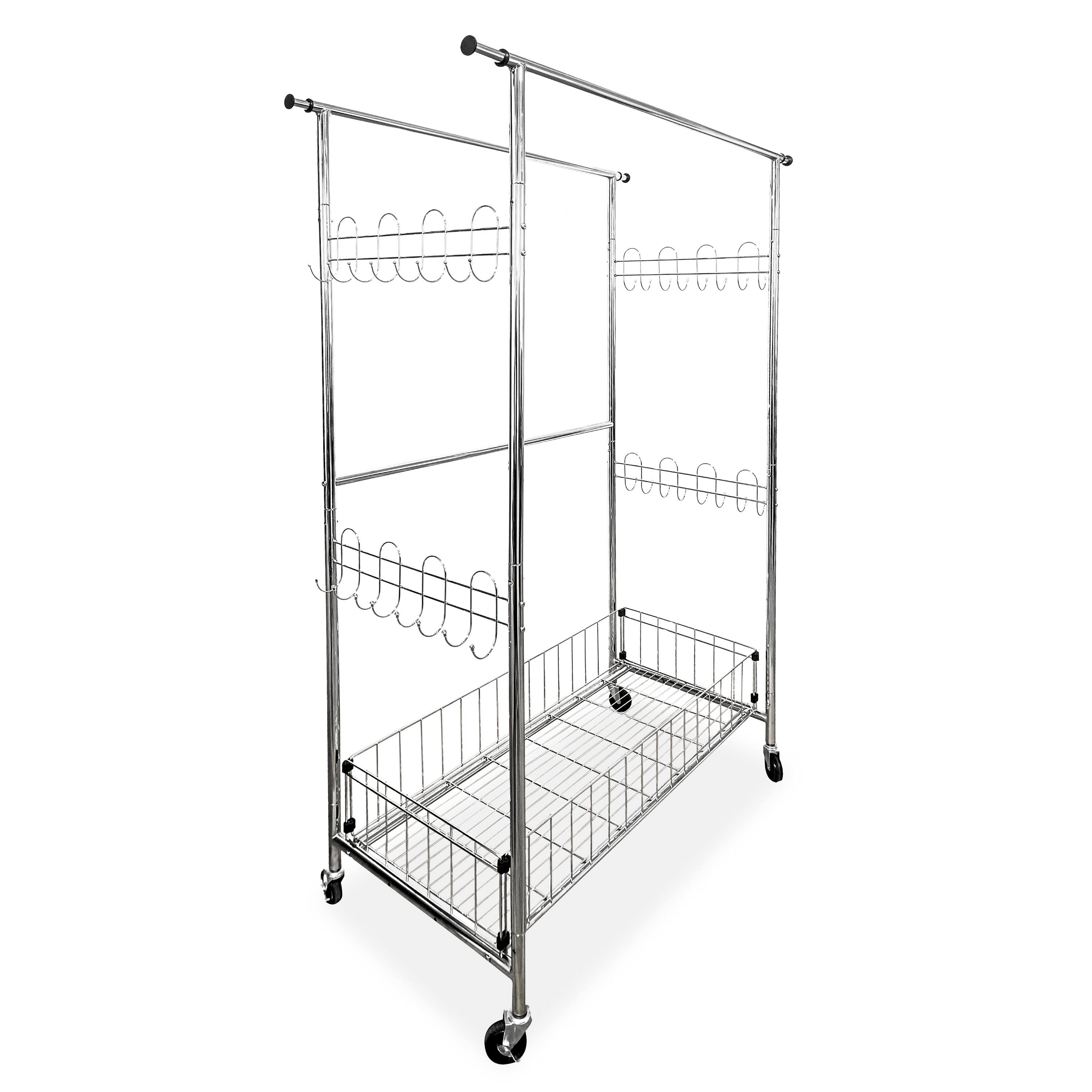 Front. Malletson - Adjustable Heavy-Duty Double Rail Chrome Clothes Organizer Rack with Wheels and Bottom Shelf - Sliver.