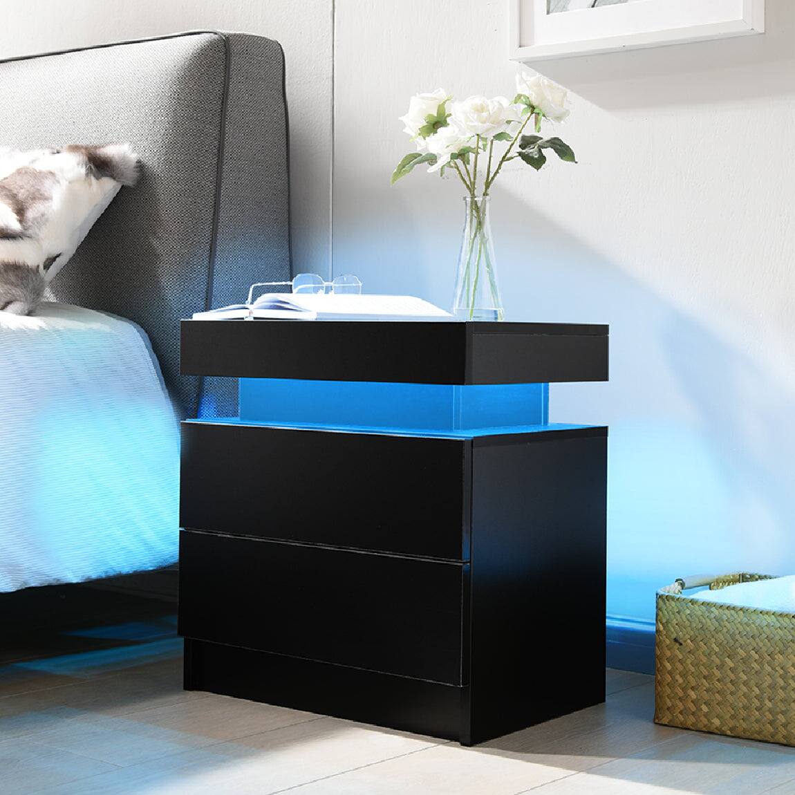 Alt View 1. Boyel Living - Black Nightstand LED Bedside Table Cabinet Lights Modern End Side with 2 Drawers for Bedroom - Black.