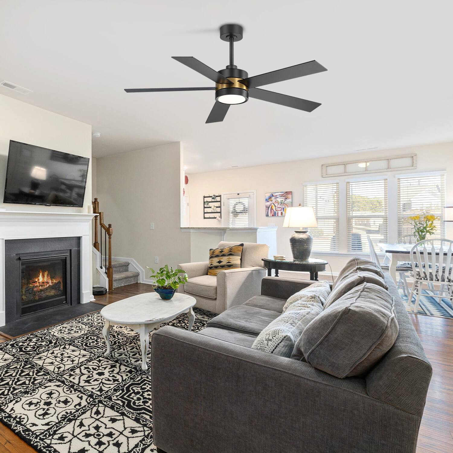 Alt View 7. Breezary - 52-In Indoor Ceiling Fan with Led Light, 5 Plywood Blades, 6-Speed DC Motor, Remote, Timer with Memory, 5/10'' Downrods - Black and Gold.