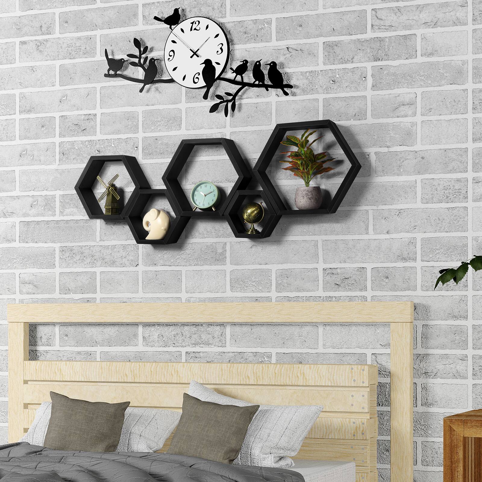 Alt View 3. Oumilen - Set of 5 Black Hexagonal Floating Wall Shelves - Black.