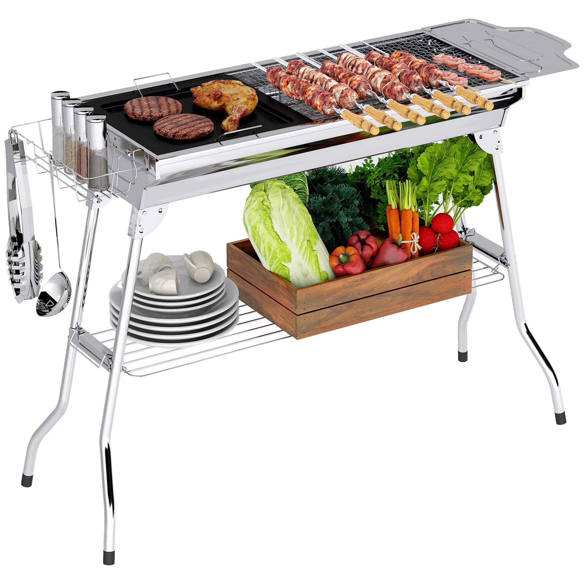 Outsunny - Portable Charcoal Grill, Stainless Steel Folding Barbecue BBQ Grill with Pan, Grill Rack, Shelves and Hooks - Silver