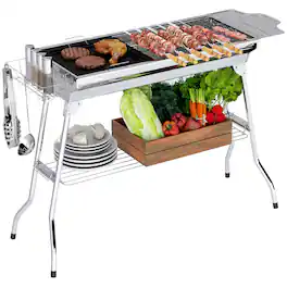 Outsunny - Portable Charcoal Grill, Stainless Steel Folding Barbecue BBQ Grill with Pan, Grill Rack, Shelves and Hooks - Silver