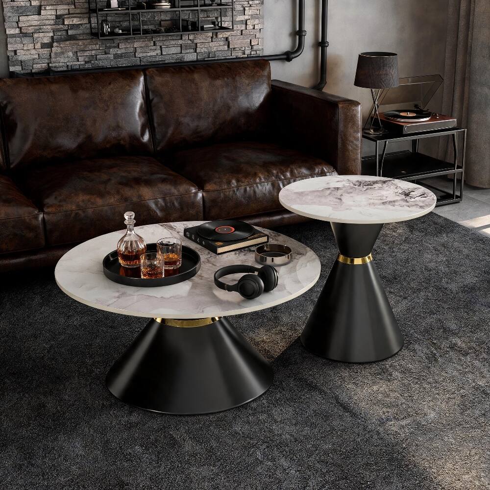 Left. Loheer - Loheer Round Nesting Coffee Table Set of 2 Sintered Stone Top Black Pedestal Base - Black and Gold.