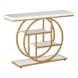 SlickBlue - Contemporary Foyer Table with Round Metal Frame and Marble-Style Shelves - Gold, White