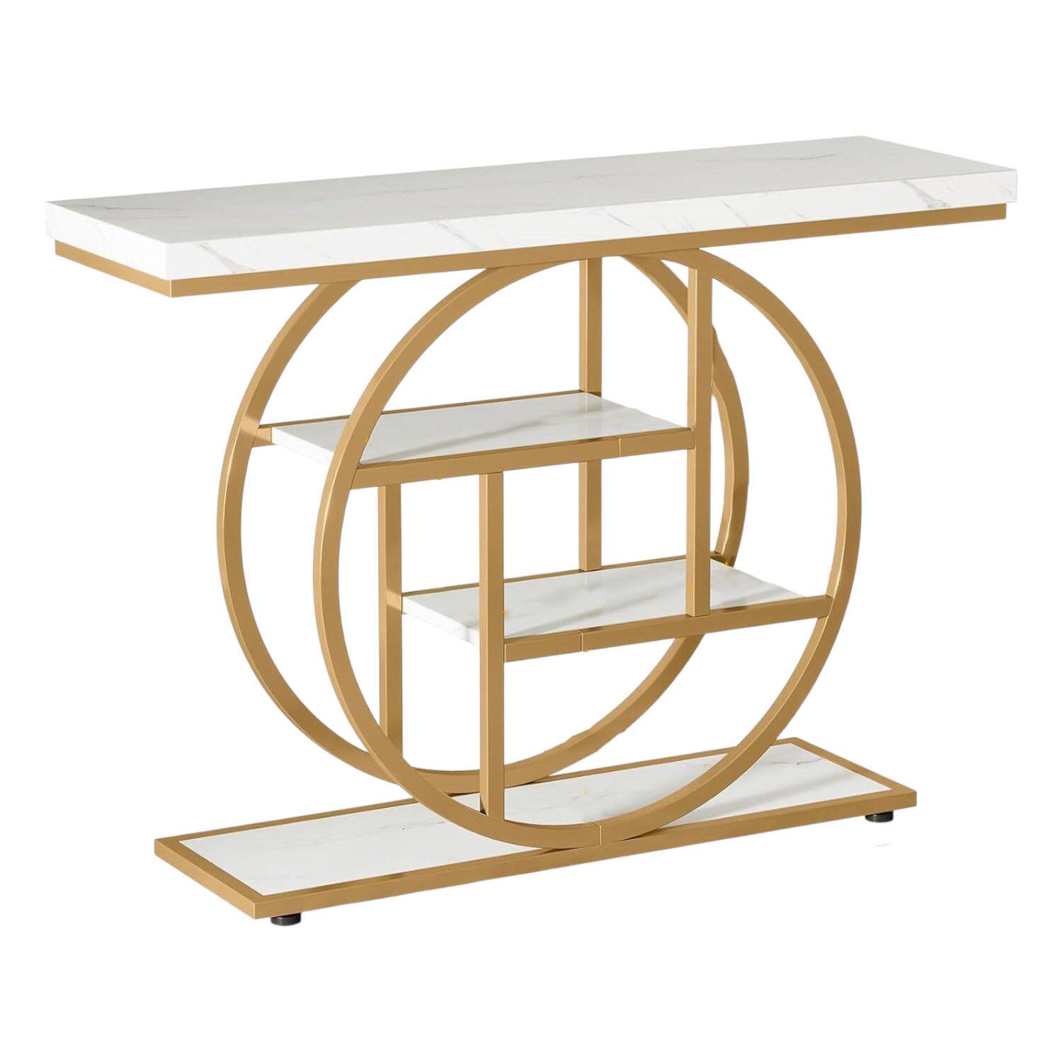 Front. SlickBlue - Contemporary Foyer Table with Round Metal Frame and Marble-Style Shelves - Gold, White.