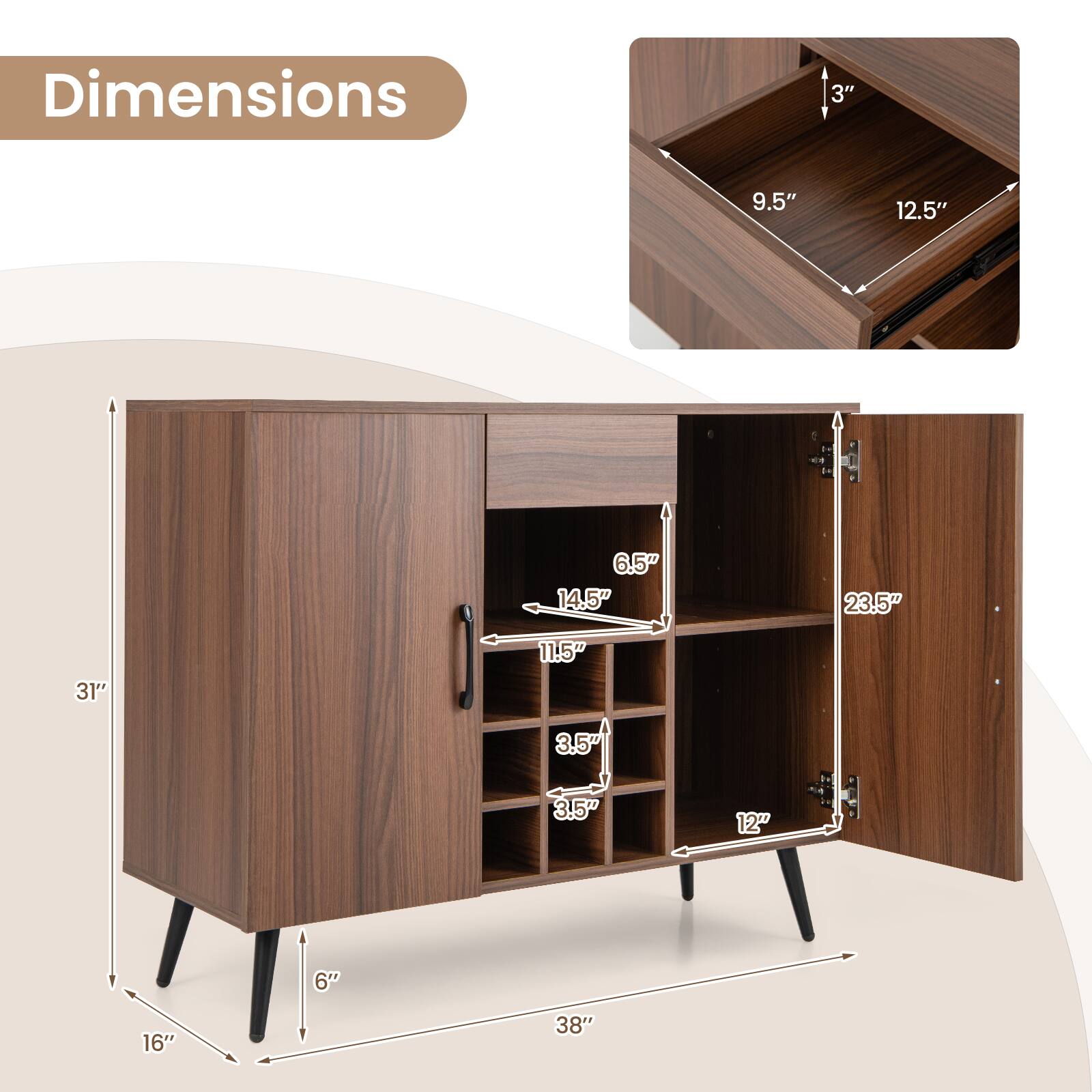 Dimensions: 38" x 31" x 16" x 6" x 3.5" x 3.5" x 12" x 11.5" x 14.5" x 23.5" x 6.5" x 9.5" x 12.5" x 3" x 3"