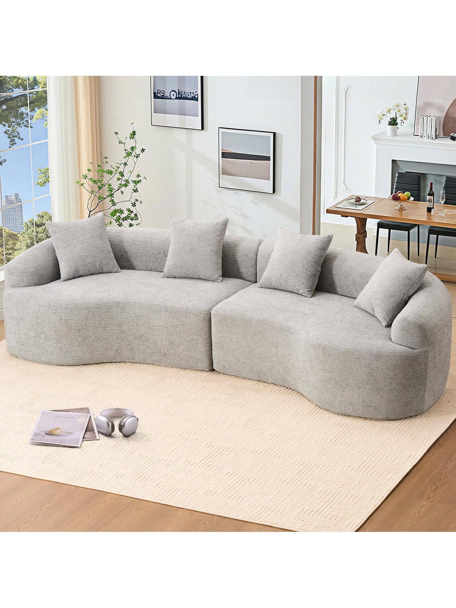 Trinkets Crazed - 110" Curved Sectional Sofa For Living Room,Deep Seat Cloud Floor Couch With 4 Pillows,Chenille Upholstered Couch - Gray
