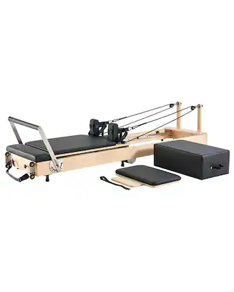 Front. VEVOR - Foldable Pilates Reformer, Wooden Pilates Workout Machine for Home Gym Studio Use, Pilates Bed with Dual Resistance - Wood color.