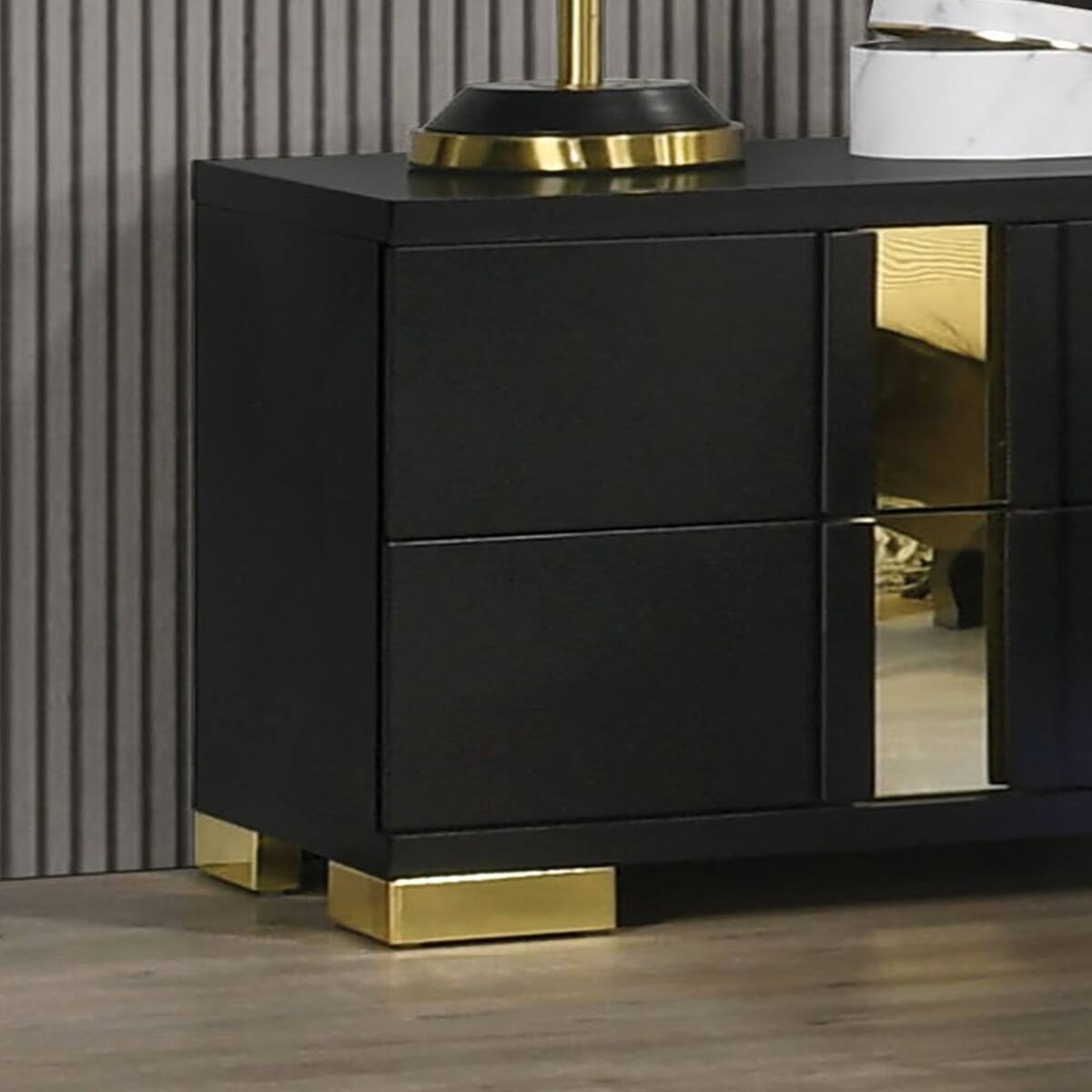 Alt View 2. Loheer - Loheer Black and Gold Nightstand with Two Drawers and Metal Legs - Black.
