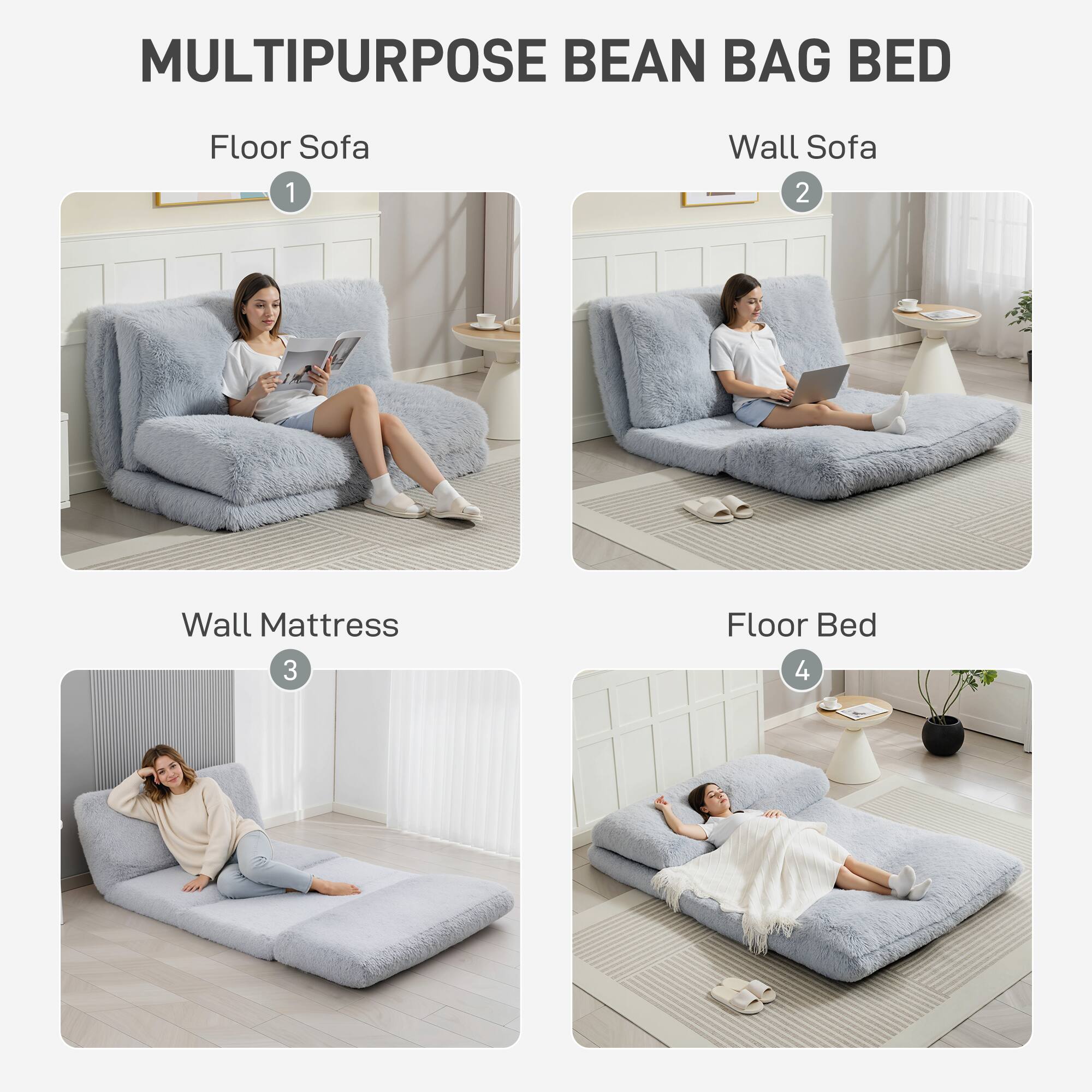 MULTIPURPOSE BEAN BAG BED

1. Floor Sofa
2. Wall Sofa
3. Wall Mattress
4. Floor Bed