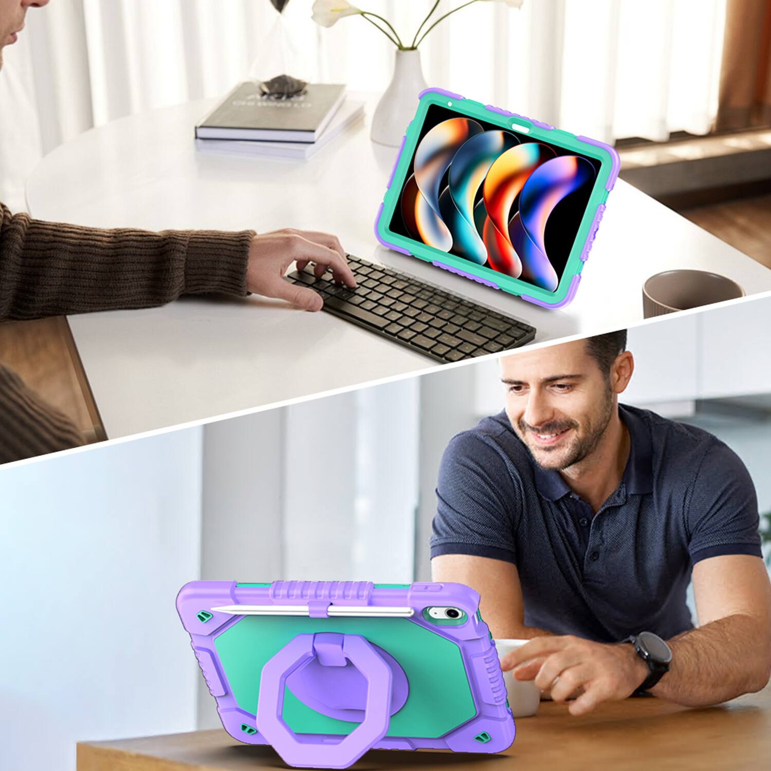 Alt View 2. Dteck - Shockproof Case for Apple iPad (A16) 11" 2025 & iPad 10th Gen 10.9" with Strap & 360° Stand,Rugged Cover+Plastic Stylus - Purple.